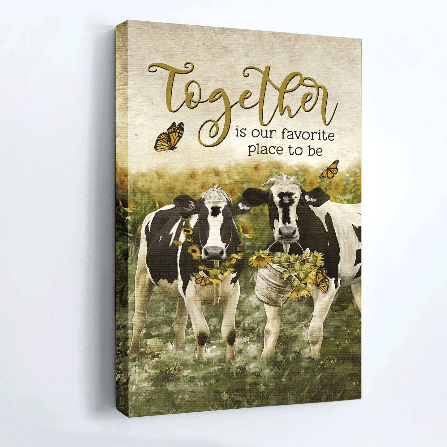 Family Portrait Canvas- Dairy cow drawing, Sunflower field, Orange butterfly canvas- Gift for members family- Together is our favorite place to be