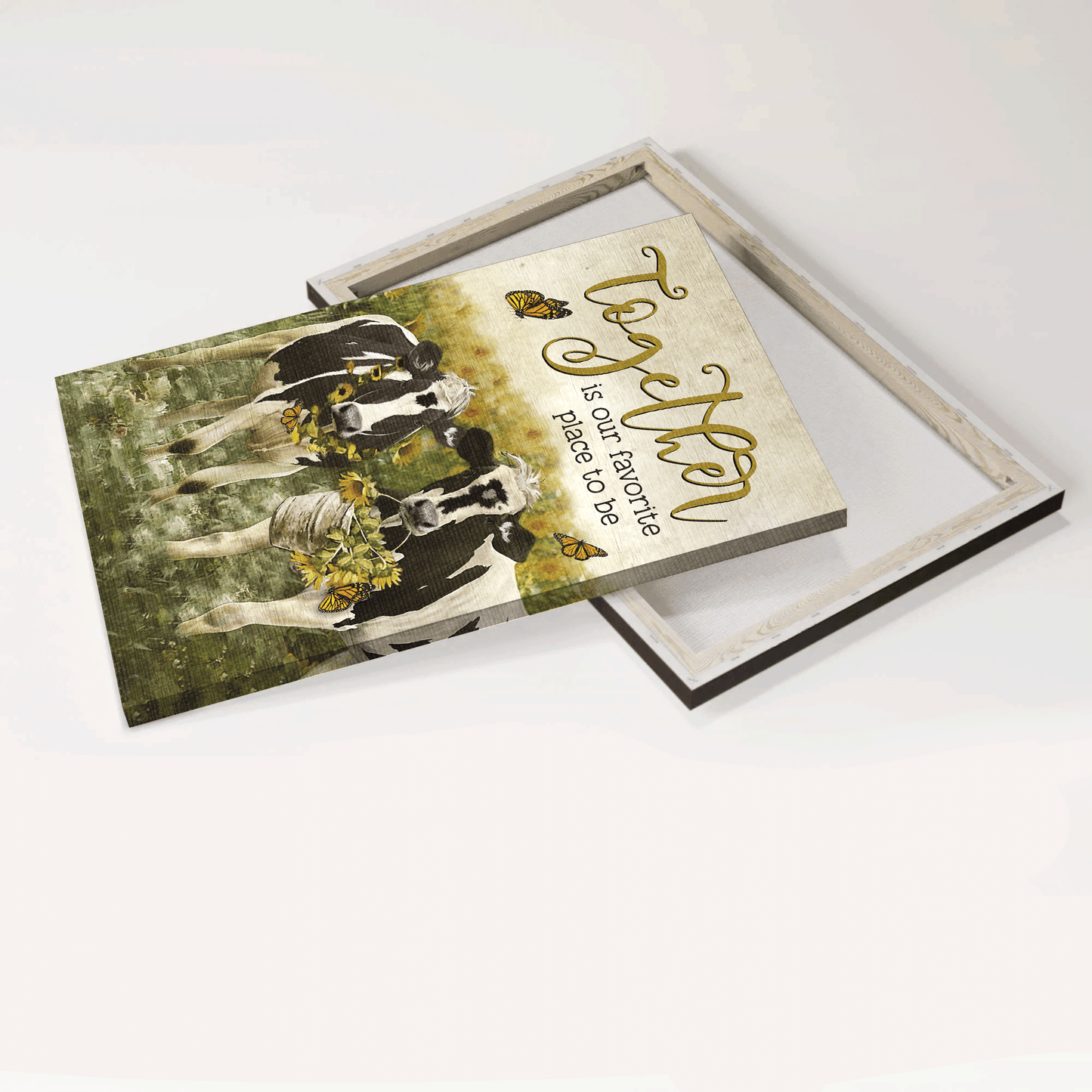 Family Portrait Canvas- Dairy cow drawing, Sunflower field, Orange butterfly canvas- Gift for members family- Together is our favorite place to be