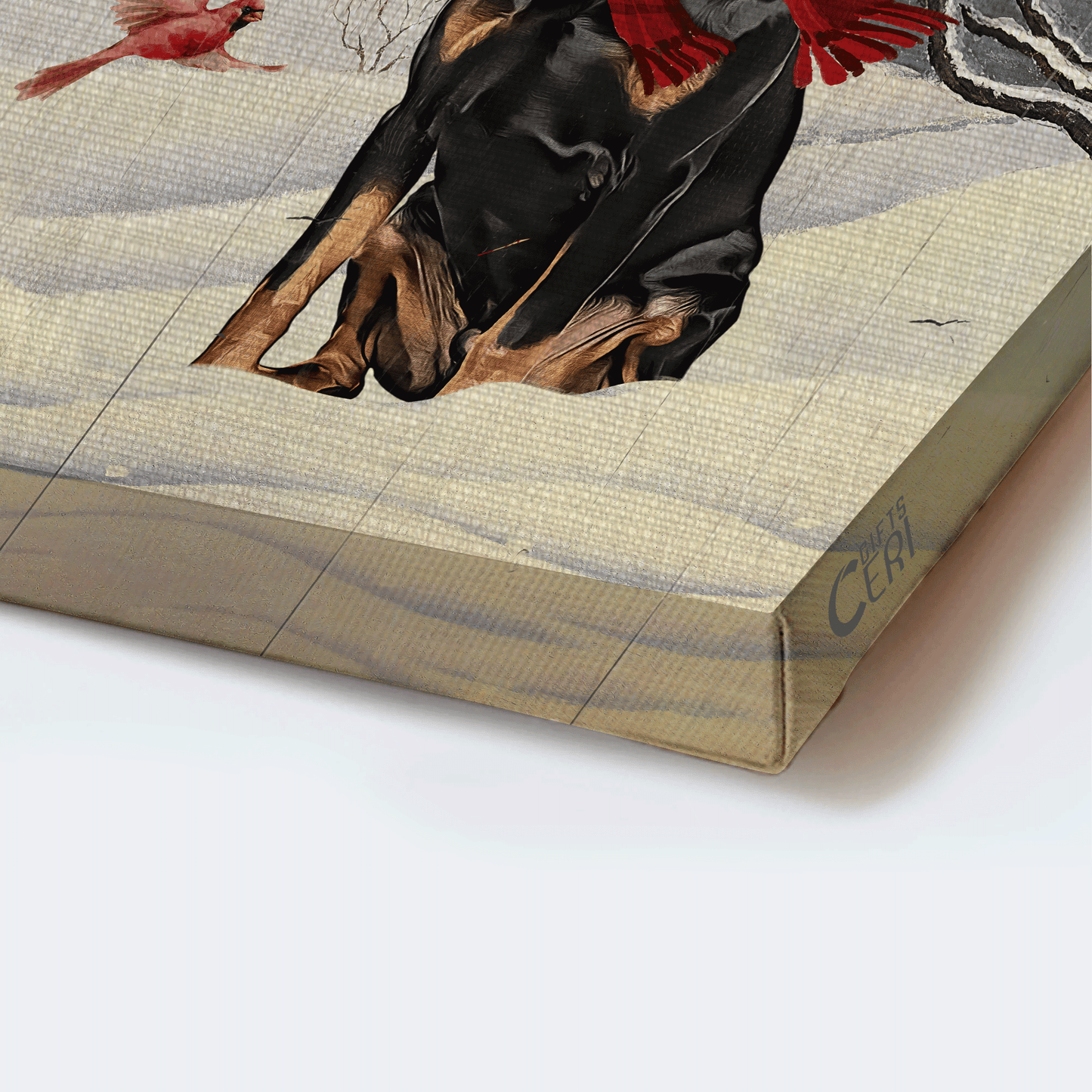 Doberman Portrait Canvas, Doberman painting, Winter, Cardinal canvas, Gift for Doberman lover- As long as I breath, You'll be remembered