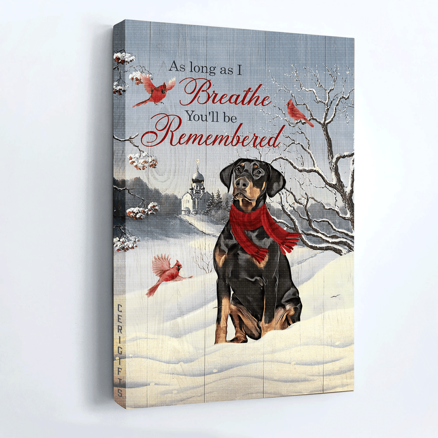Doberman Portrait Canvas, Doberman painting, Winter, Cardinal canvas, Gift for Doberman lover- As long as I breath, You'll be remembered