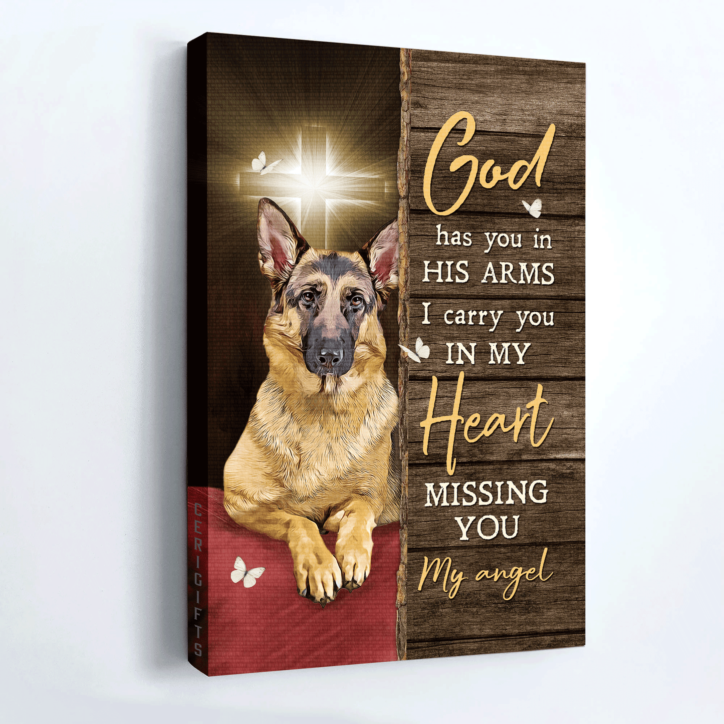 German Shepherd Portrait Canvas- German Shepherd dog, Light cross, White butterfly- Gift for Dog lover- God has you in his arms - Jesus Portrait Canvas Prints, Christian Wall Art