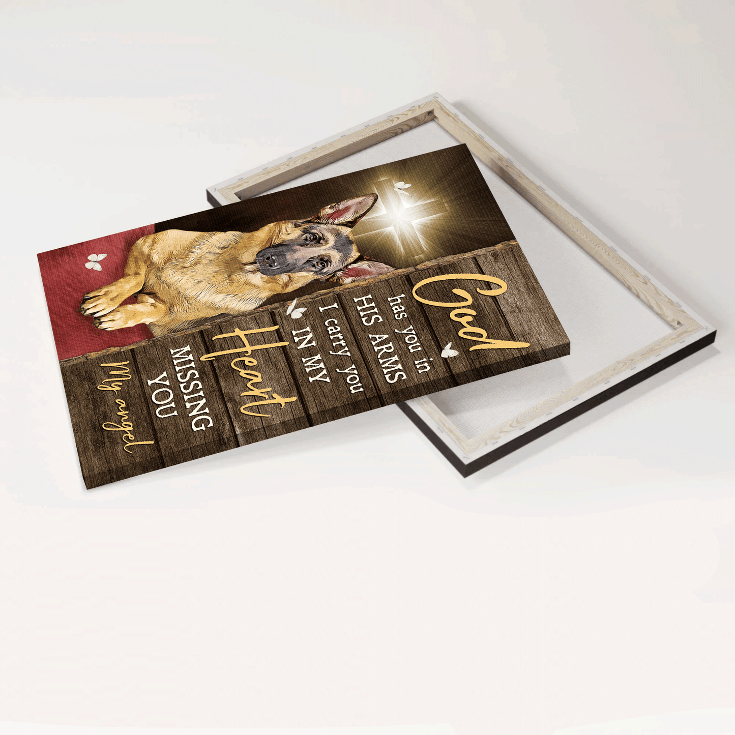 German Shepherd Portrait Canvas- German Shepherd dog, Light cross, White butterfly- Gift for Dog lover- God has you in his arms - Jesus Portrait Canvas Prints, Christian Wall Art