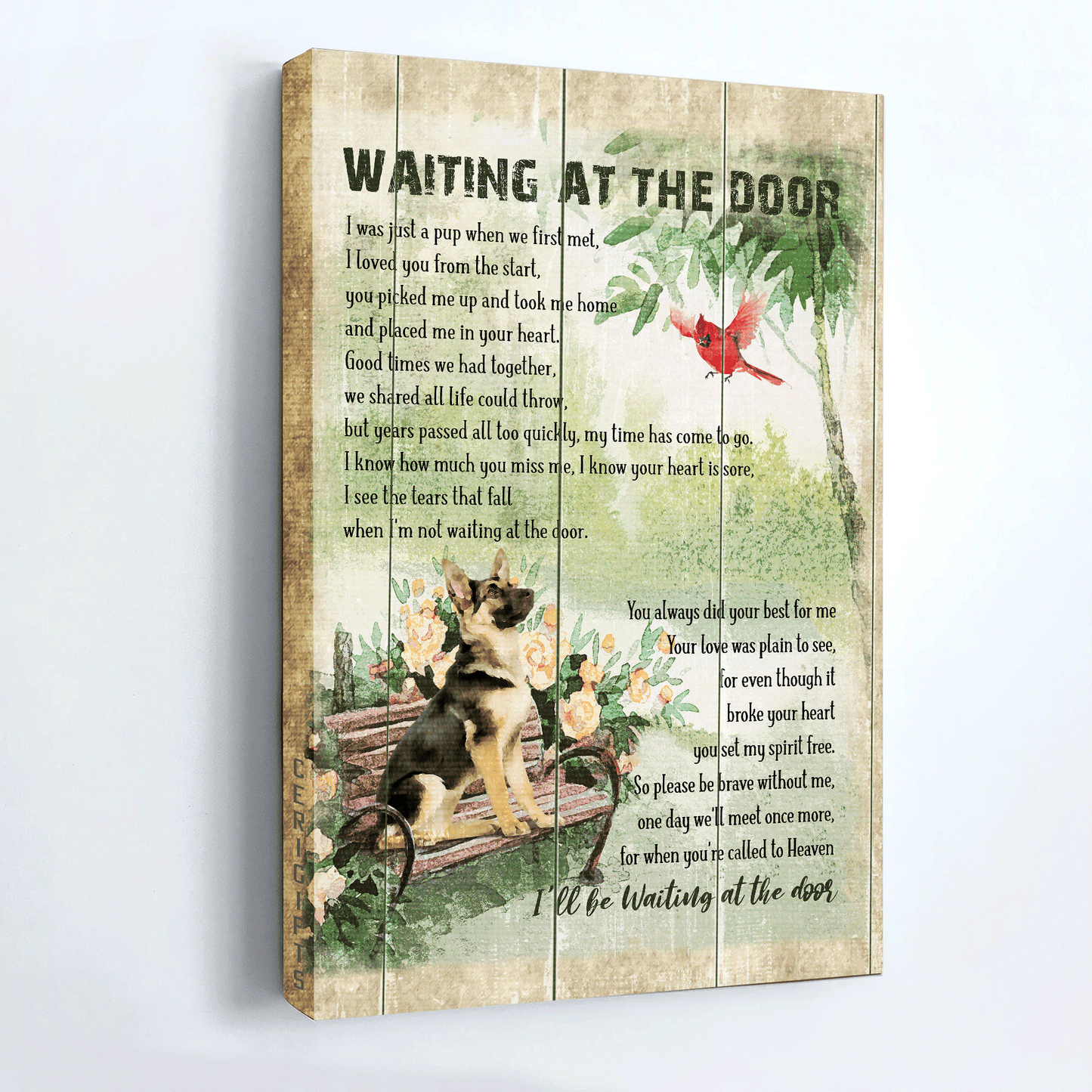 German Shepherd Portrait Canvas- German Shepherd, Park, Cardinal- Gift for dog lover- Waiting at the door for you - Portrait Canvas Prints, Wall Art