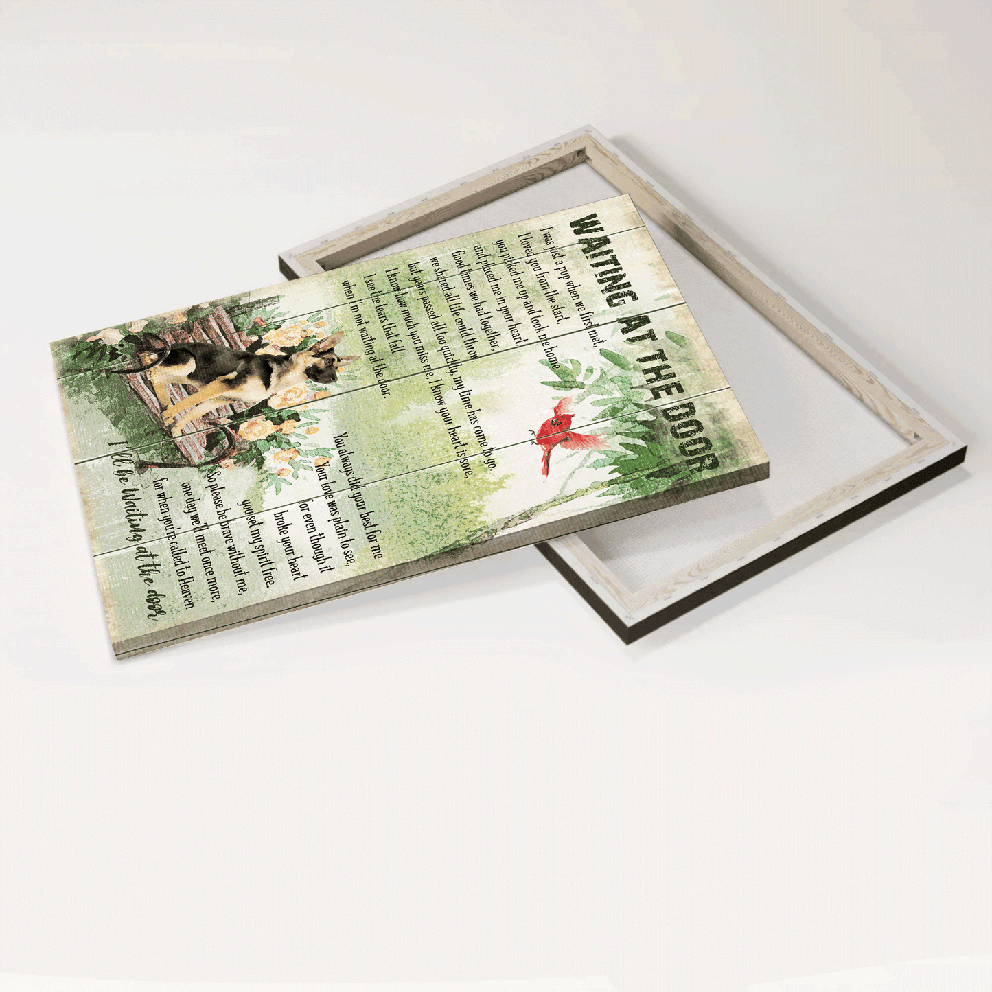 German Shepherd Portrait Canvas- German Shepherd, Park, Cardinal- Gift for dog lover- Waiting at the door for you - Portrait Canvas Prints, Wall Art