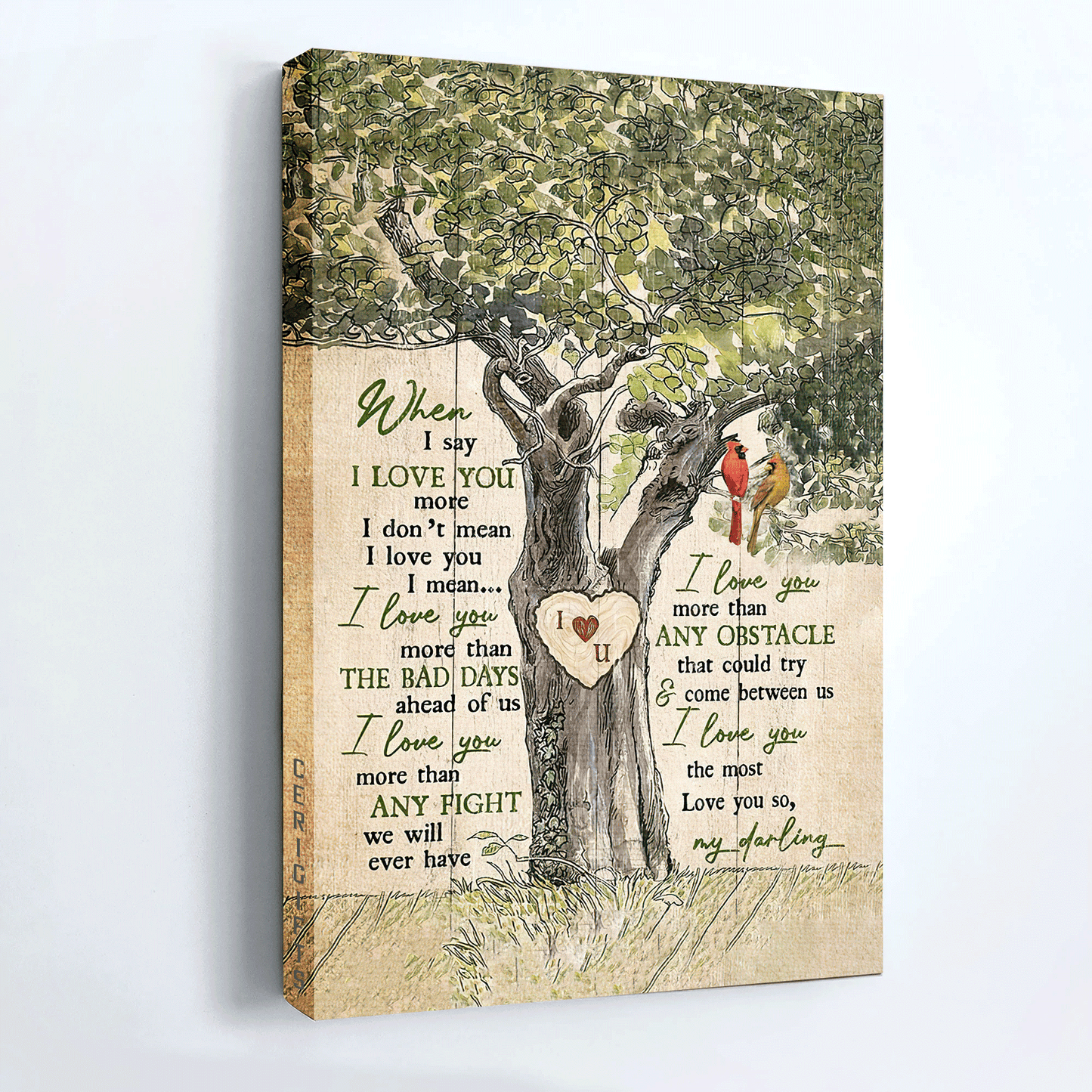 Couple Portrait Canvas- Green tree, Wooden heart, Red cardinal canvas- Gift for couple, lover- When I say I love you more - Portrait Canvas Prints, Wall Art
