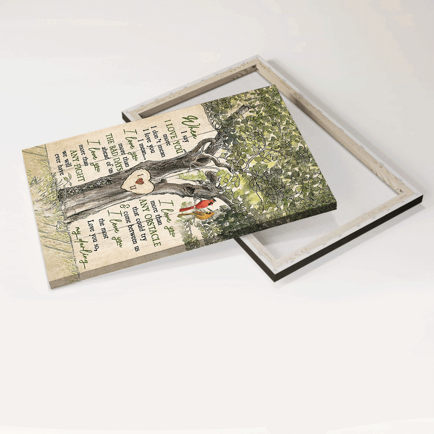 Couple Portrait Canvas- Green tree, Wooden heart, Red cardinal canvas- Gift for couple, lover- When I say I love you more - Portrait Canvas Prints, Wall Art