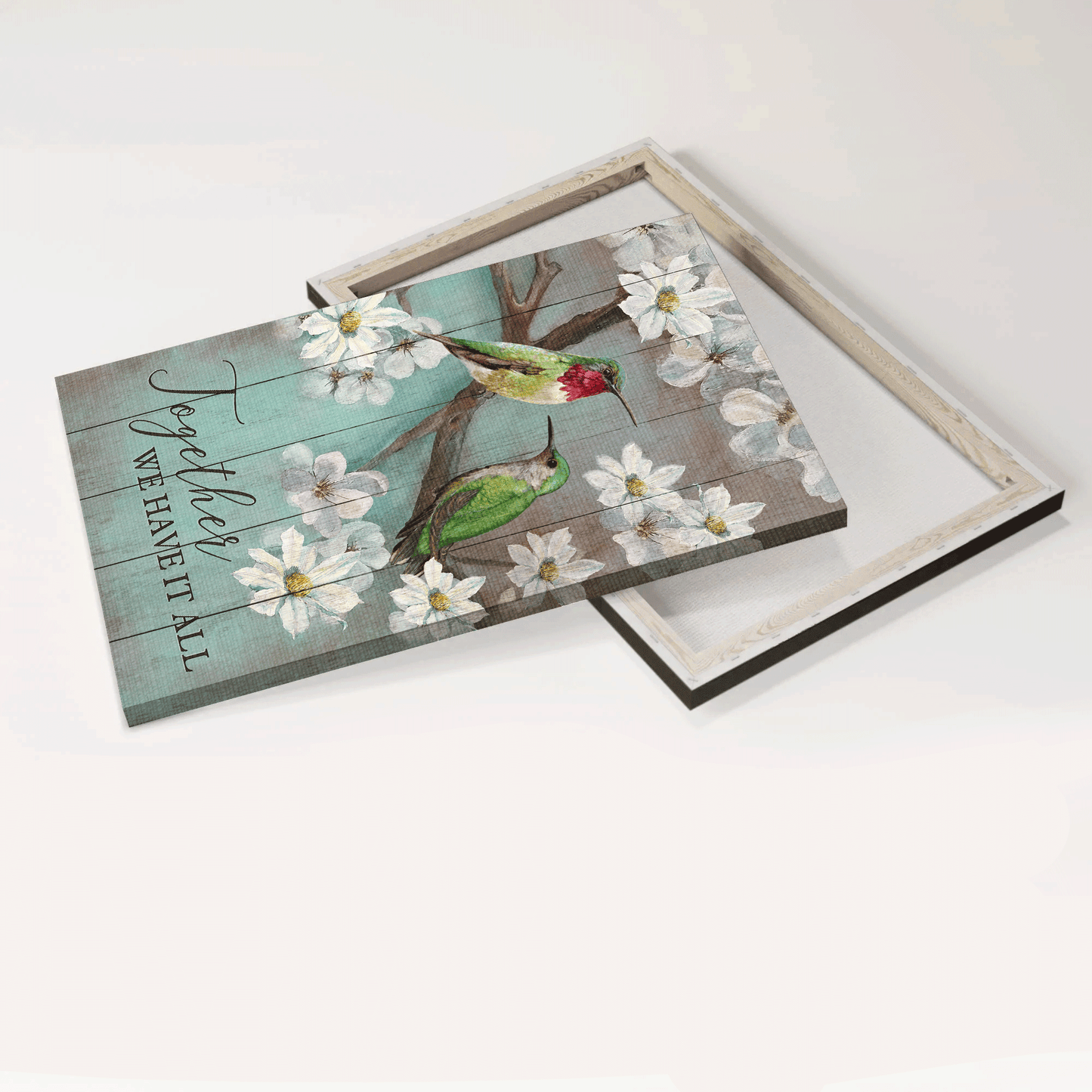 Couple Portrait Canvas- Hummingbird couple, Tree branch, White flower canvas- Gift for couple, lover, partner- Together we have it all - Portrait Canvas Prints, Wall Art