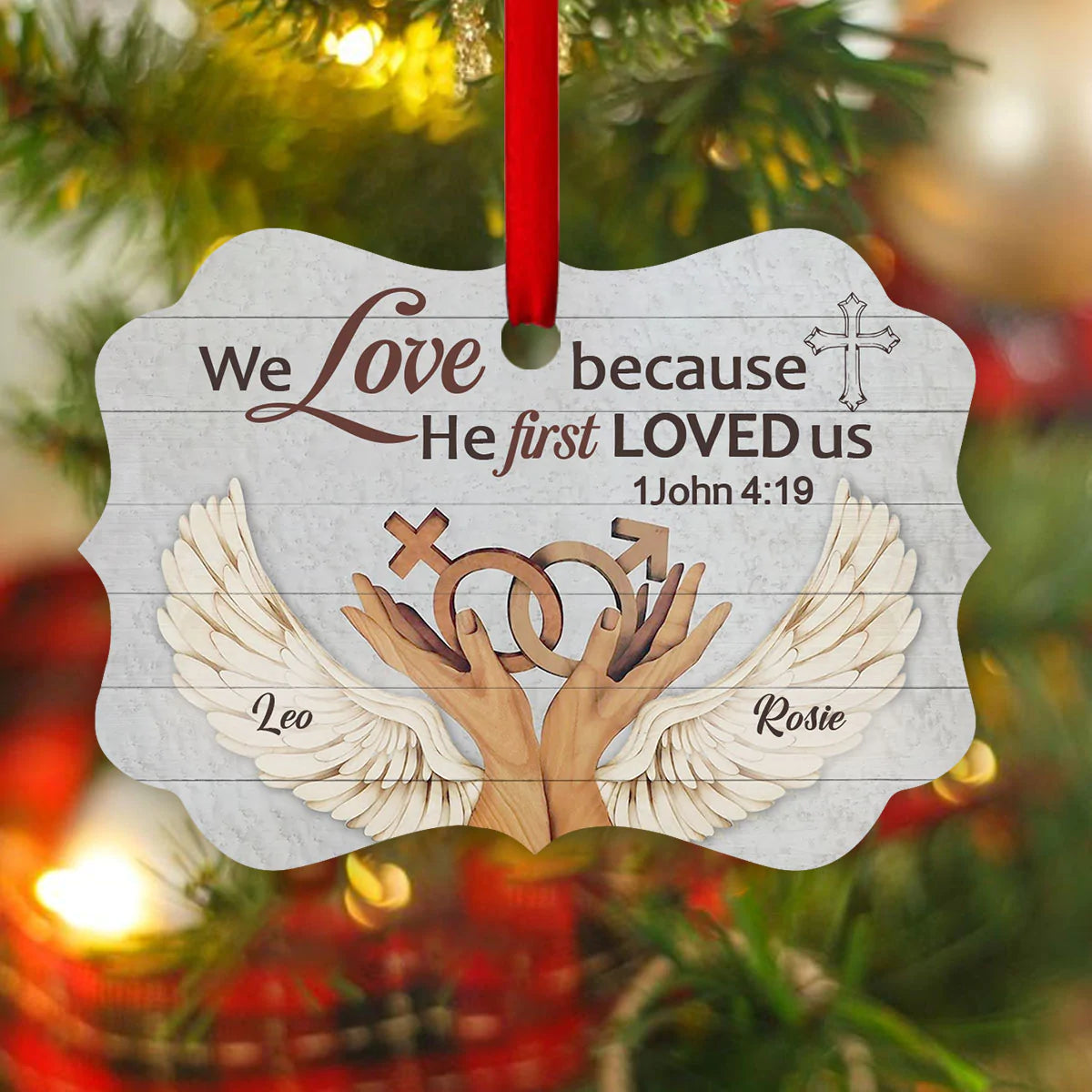 Couple Aluminum Ornament - Personalized Cross, Wings, Hands, Gender Symbol Aluminium Ornament - Custom Gift For Christian Couple, Spouse, Lover - We Love Because He First Loved Us
