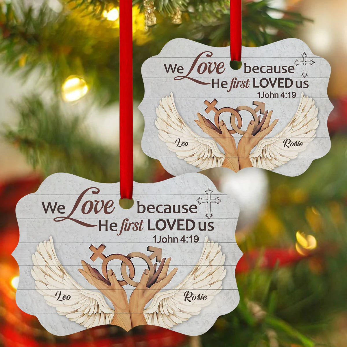 Couple Aluminum Ornament - Personalized Cross, Wings, Hands, Gender Symbol Aluminium Ornament - Custom Gift For Christian Couple, Spouse, Lover - We Love Because He First Loved Us