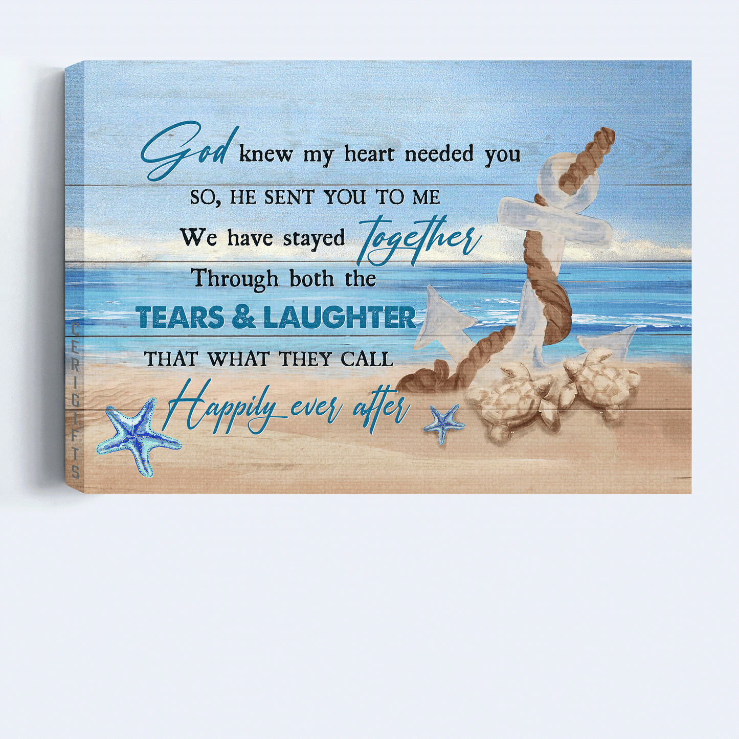 Couple Landscape Canvas - Anchor drawing, Blue island, Sea turtle Landscape Canvas - Gift For Couple, Spouse, Lover - God knew my heart needed you