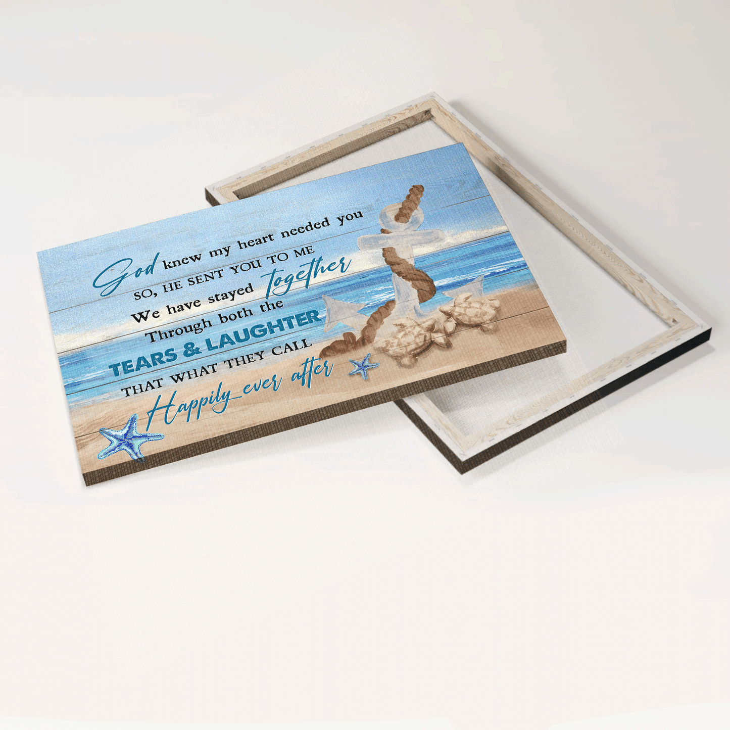 Couple Landscape Canvas - Anchor drawing, Blue island, Sea turtle Landscape Canvas - Gift For Couple, Spouse, Lover - God knew my heart needed you