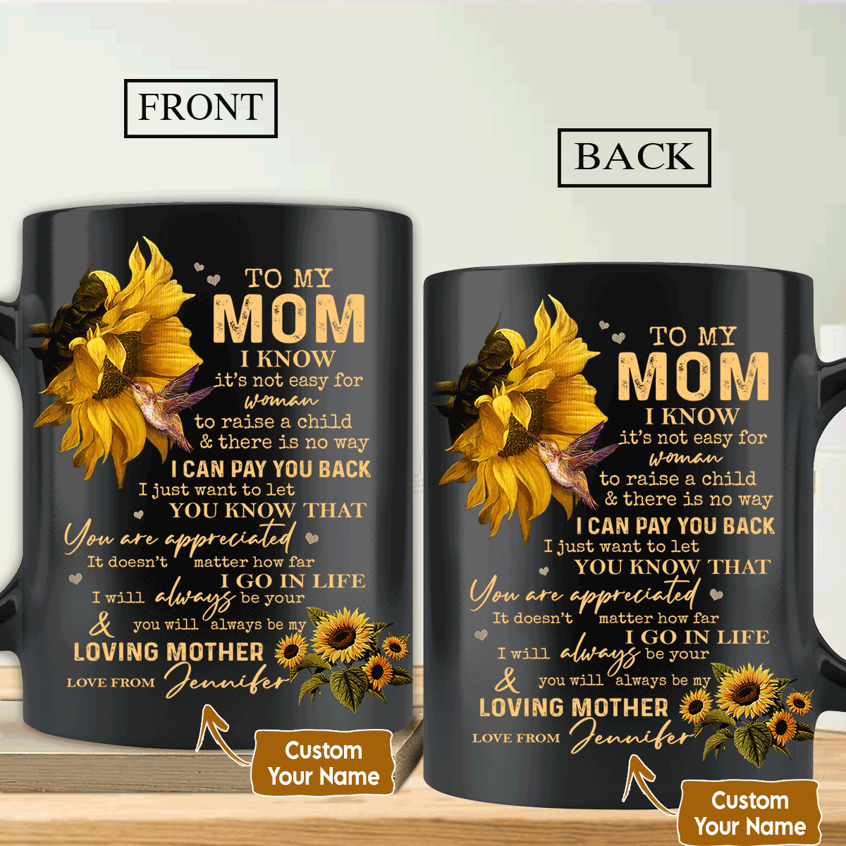 Gift For Mom Personalized Mug - Daughter to mom, Sunflower painting, Hummingbird Mug - Custom Gift For Mother's Day, Presents for Mom - You Back Mug