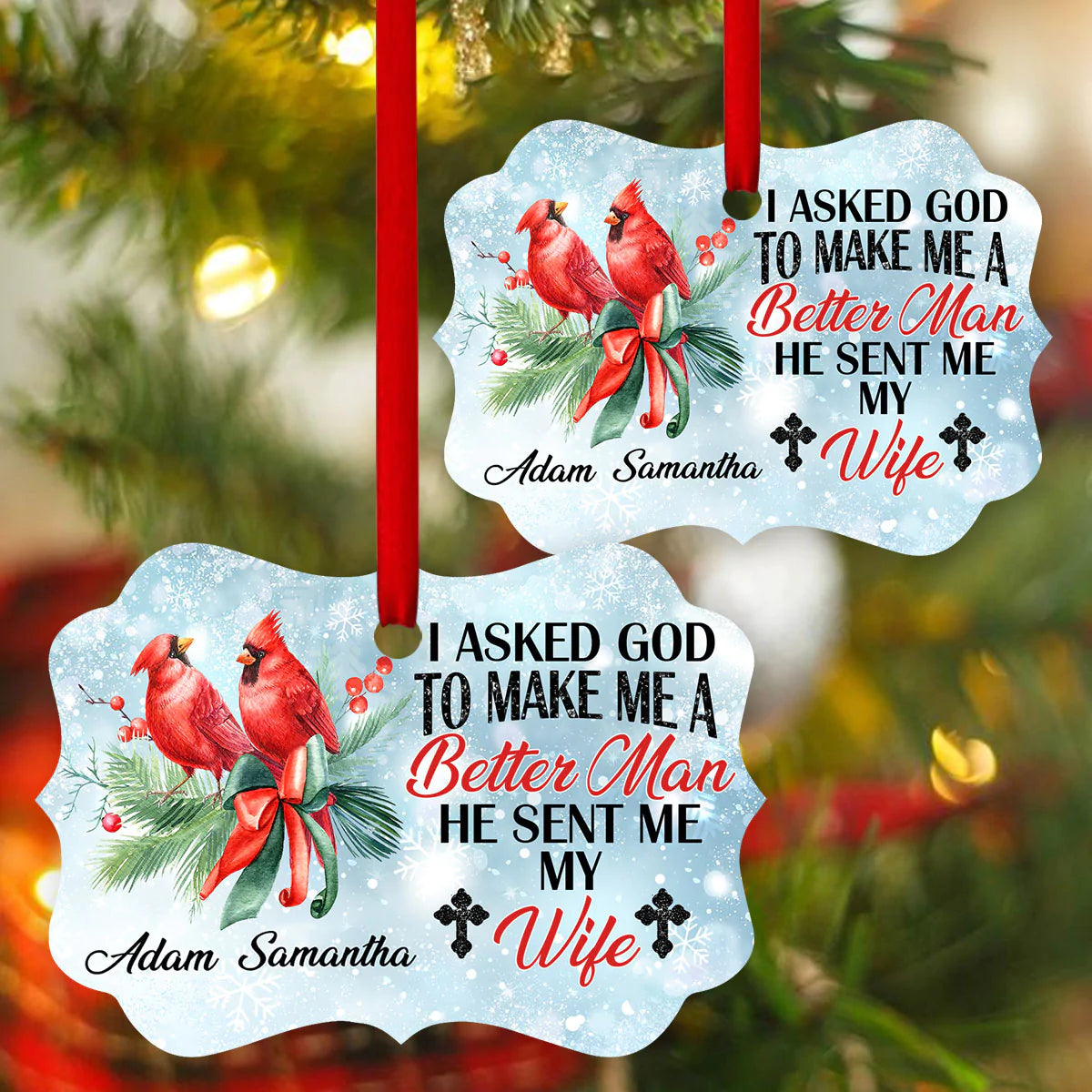 Personalized Gift For Wife Aluminum Ornament - Cardinal Bird Aluminium Ornament - Custom Gift For Wife, Christian Couple, Spouse, Lover - God Sent Me My Wife