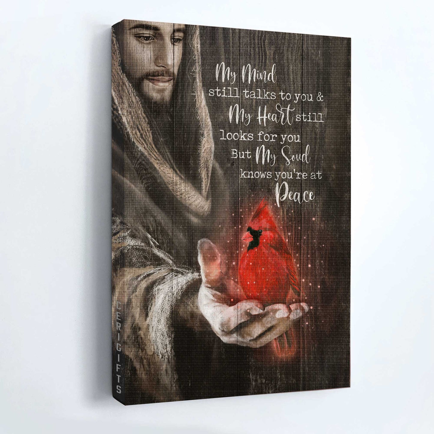 Heaven Portrait Canvas - Red cardinal, Jesus hand, My soul knows you're at peace Portrait Canvas - Memorial Gift For Family Members Canvas Prints, Wall Art