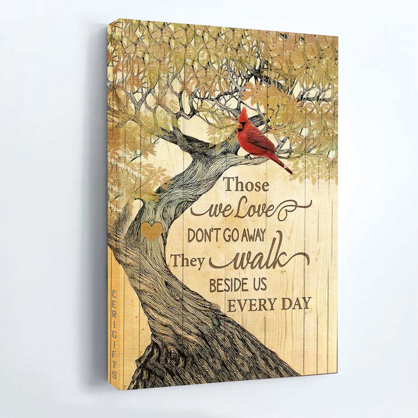 Heaven Portrait Canvas - Red cardinal, Yellow leaf, Wooden heart, They walk beside us every day Portrait Canvas - Memorial Gift For Family Members Portrait Canvas Prints, Wall Art