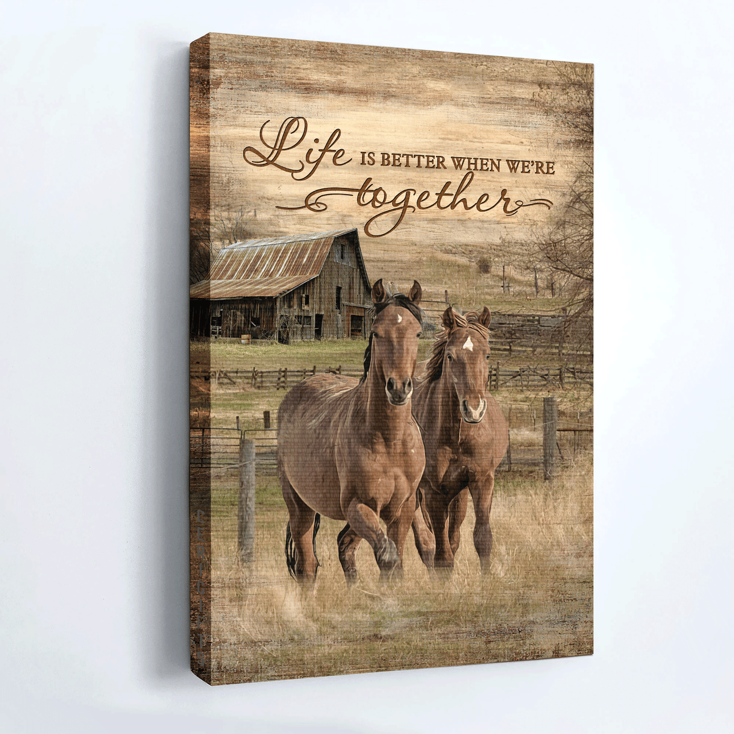 Couple Portrait Canvas - Running horse, Meadow land, Yellow sunset Canvas - Gift for couple, lover, Valentine's day - Life is better when we're together Portrait Canvas