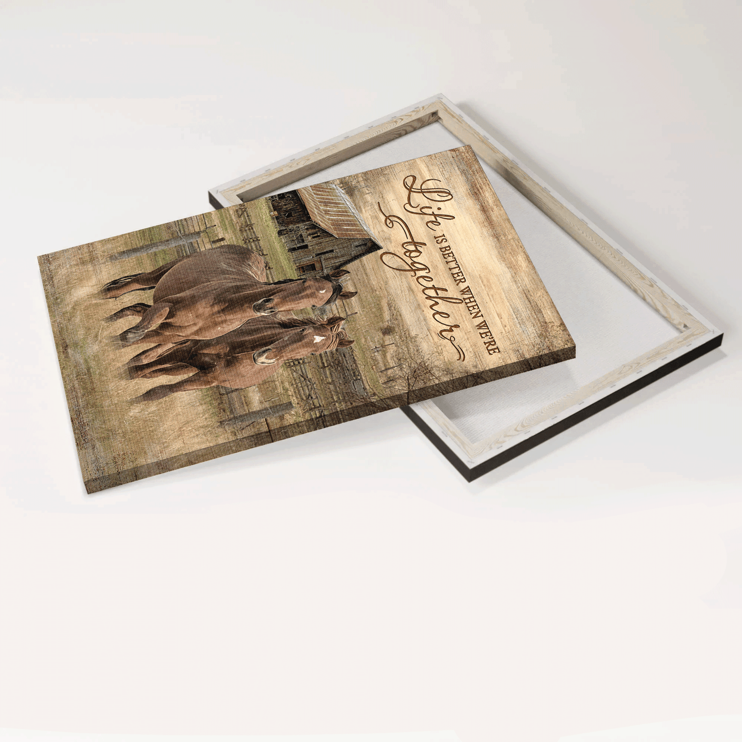 Couple Portrait Canvas - Running horse, Meadow land, Yellow sunset Canvas - Gift for couple, lover, Valentine's day - Life is better when we're together Portrait Canvas