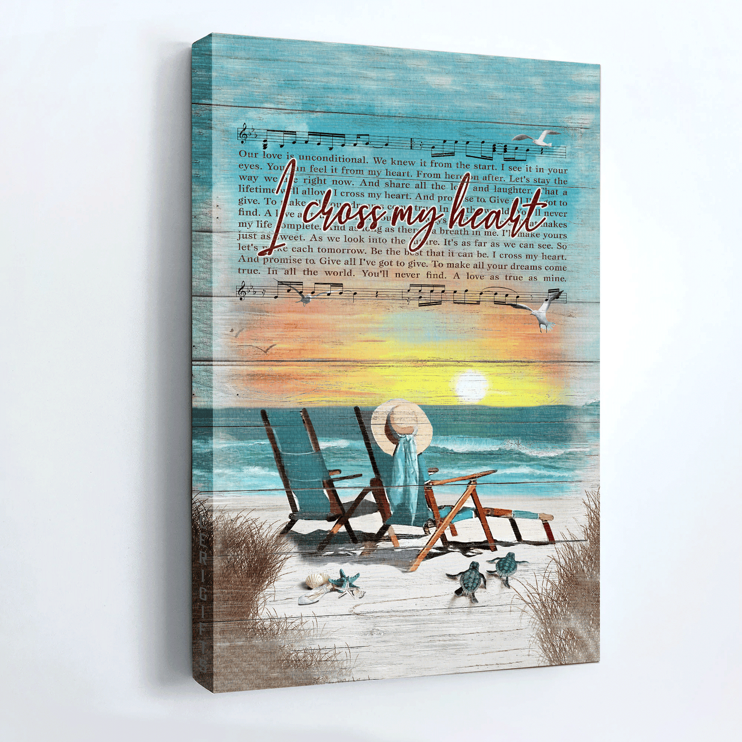 Couple Portrait Canvas- Sheet music, Wooden chair, Sunset painting- Gift for Couple, Lover- I cross my heart - Portrait Canvas Prints, Wall Art
