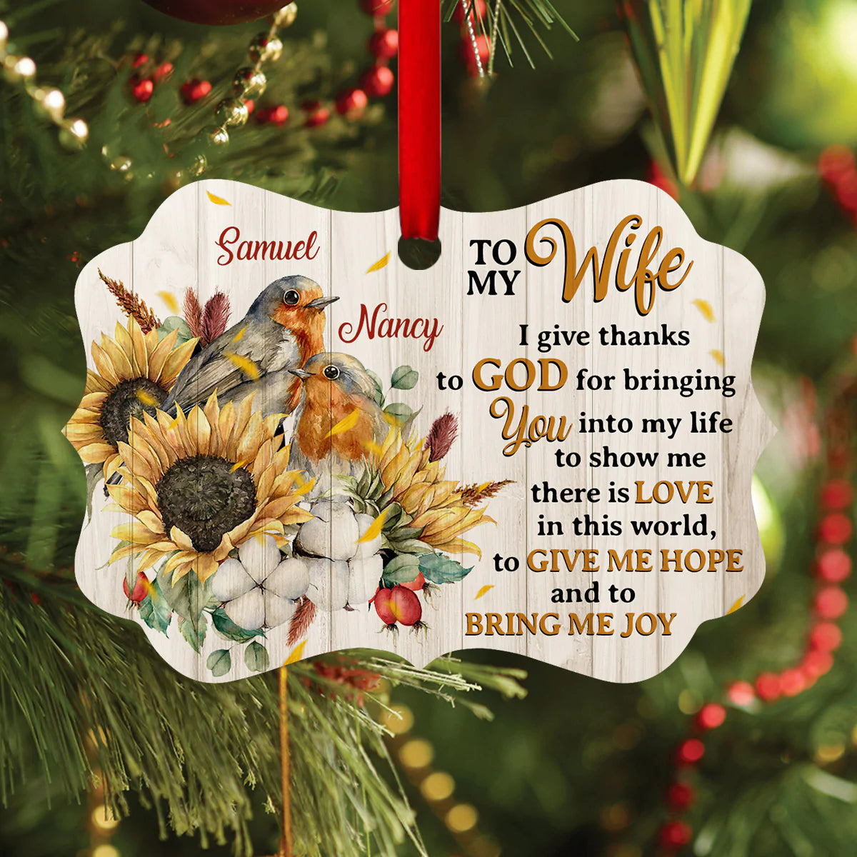 Personalized Gift For Wife Aluminum Ornament - Robin Redbreast Bird, Sunflower Aluminium Ornament - Custom Gift For Wife, Christian Couple, Spouse, Lover - To My Wife I Give Thanks To God For Bringing
