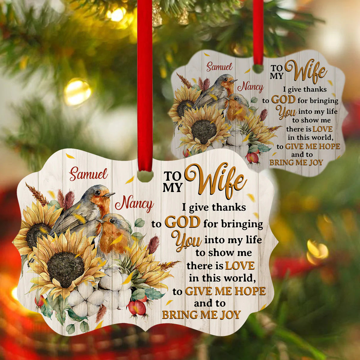 Personalized Gift For Wife Aluminum Ornament - Robin Redbreast Bird, Sunflower Aluminium Ornament - Custom Gift For Wife, Christian Couple, Spouse, Lover - To My Wife I Give Thanks To God For Bringing