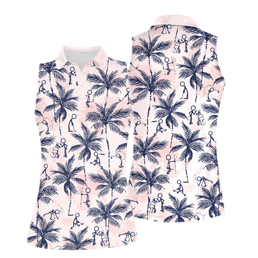 Golf Women Sleeveless Athleisure Polo Shirt, Funny Stick Figures Pink Palm Tree Pattern Polo Shirt - Gift For Mother's Day, Golfer, Female, Golf Lover