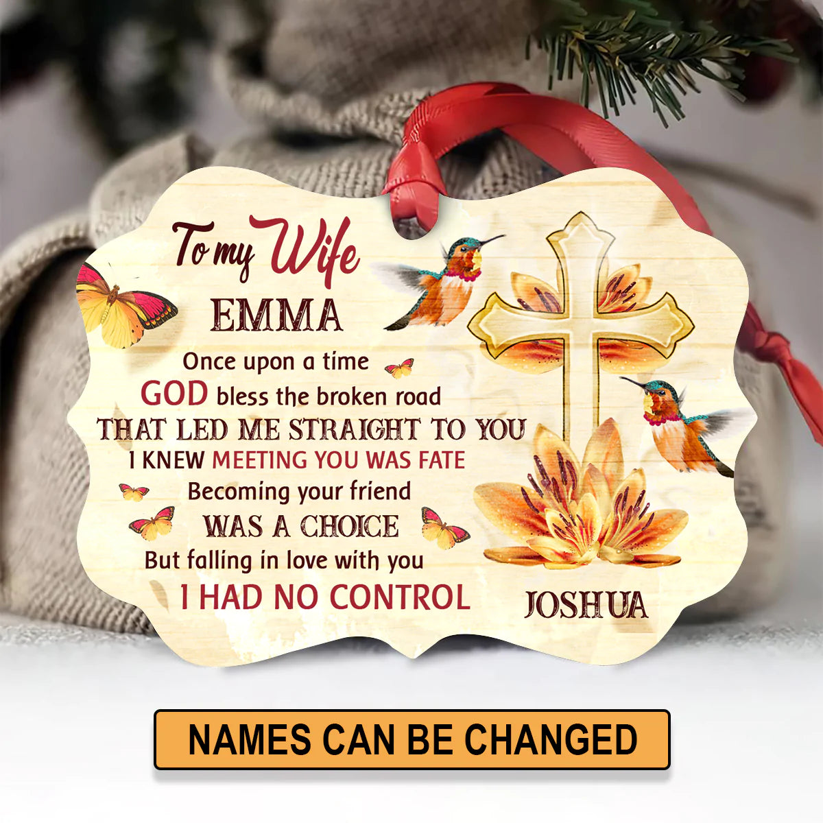 Personalized Gift For Wife Aluminum Ornament - Cross, Hummingbirds, Flower, Butterfly Aluminium Ornament - Custom Gift For Wife, Christian Couple, Spouse, Lover - Meeting You Was Fate