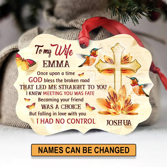 Personalized Gift For Wife Aluminum Ornament - Cross, Hummingbirds, Flower, Butterfly Aluminium Ornament - Custom Gift For Wife, Christian Couple, Spouse, Lover - Meeting You Was Fate