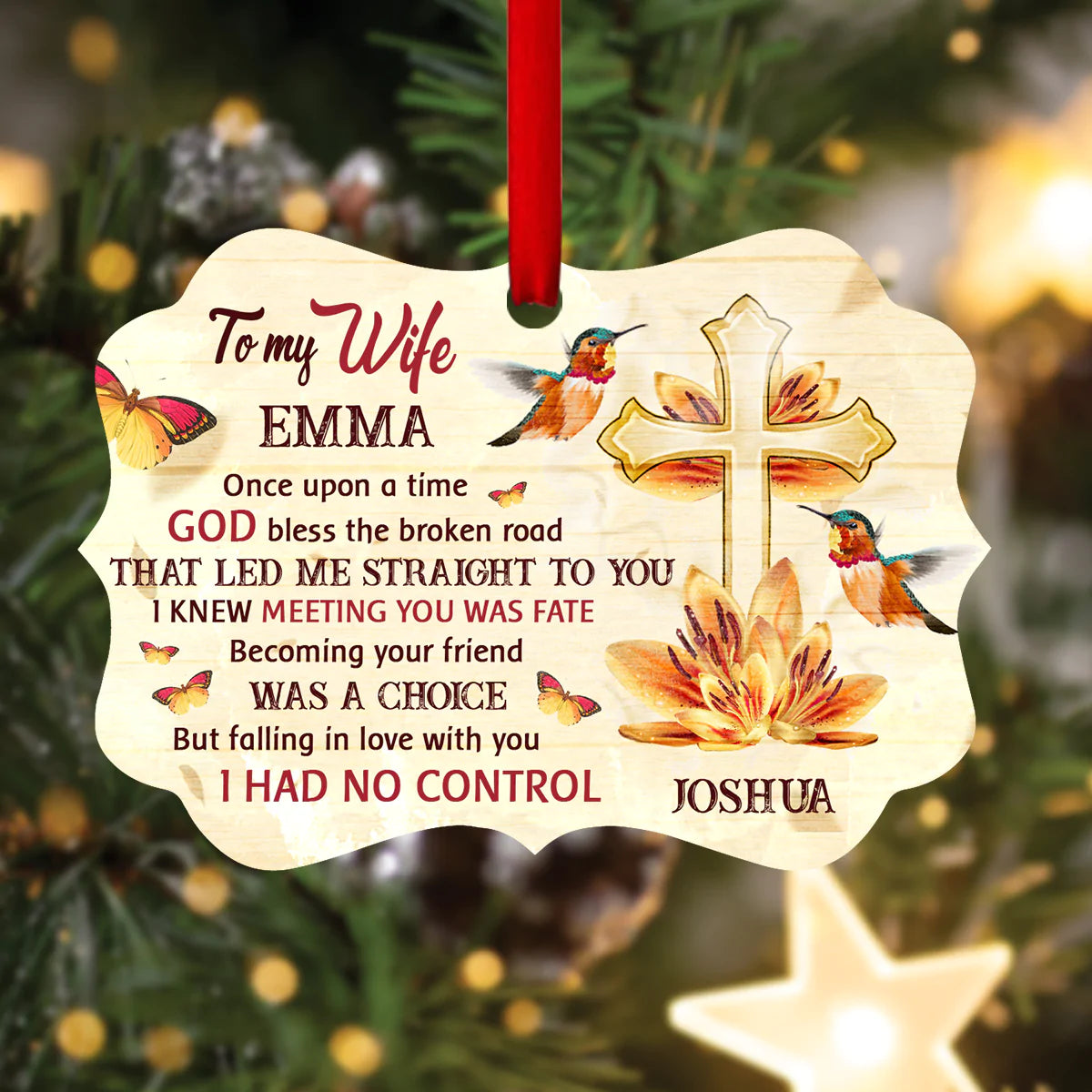 Personalized Gift For Wife Aluminum Ornament - Cross, Hummingbirds, Flower, Butterfly Aluminium Ornament - Custom Gift For Wife, Christian Couple, Spouse, Lover - Meeting You Was Fate
