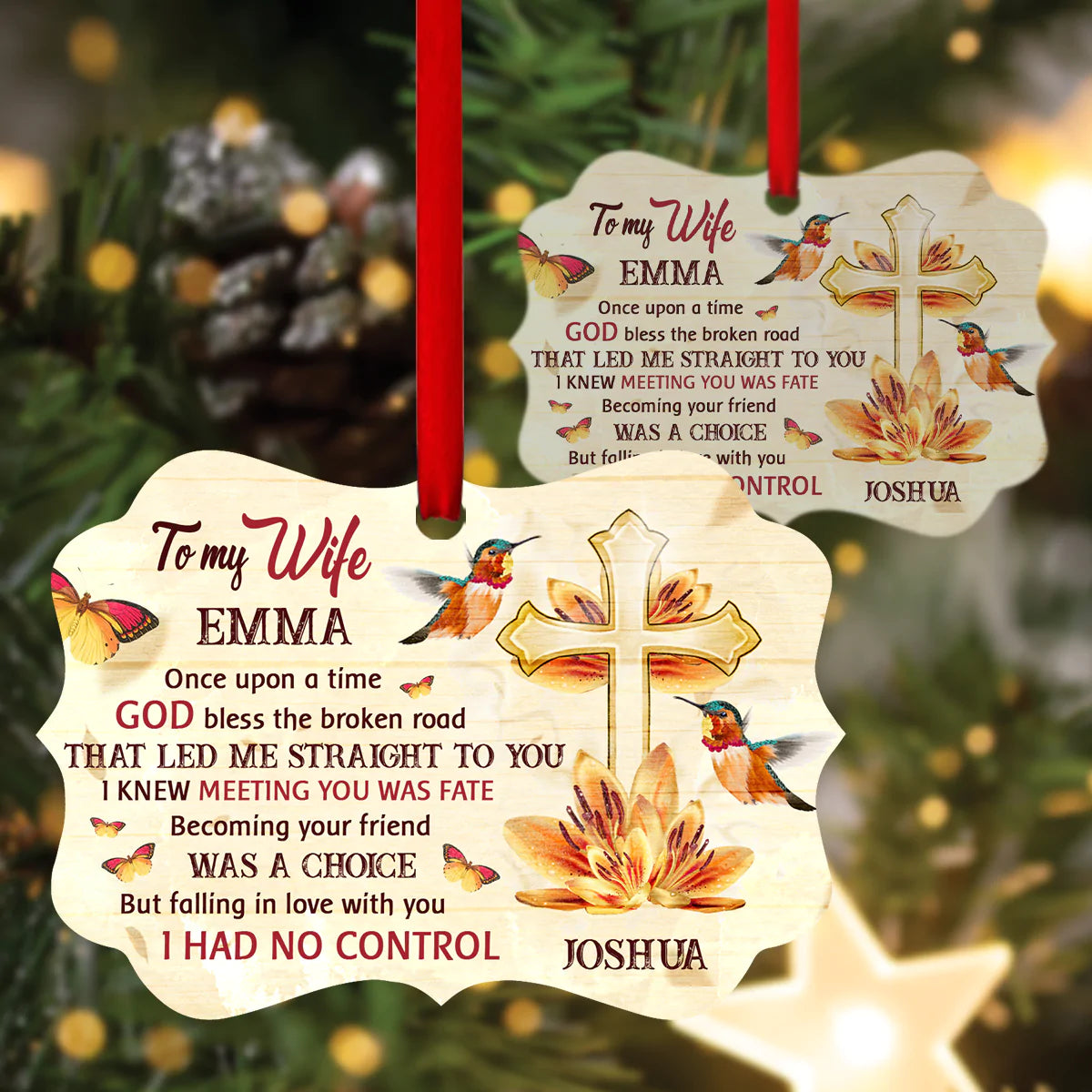 Personalized Gift For Wife Aluminum Ornament - Cross, Hummingbirds, Flower, Butterfly Aluminium Ornament - Custom Gift For Wife, Christian Couple, Spouse, Lover - Meeting You Was Fate