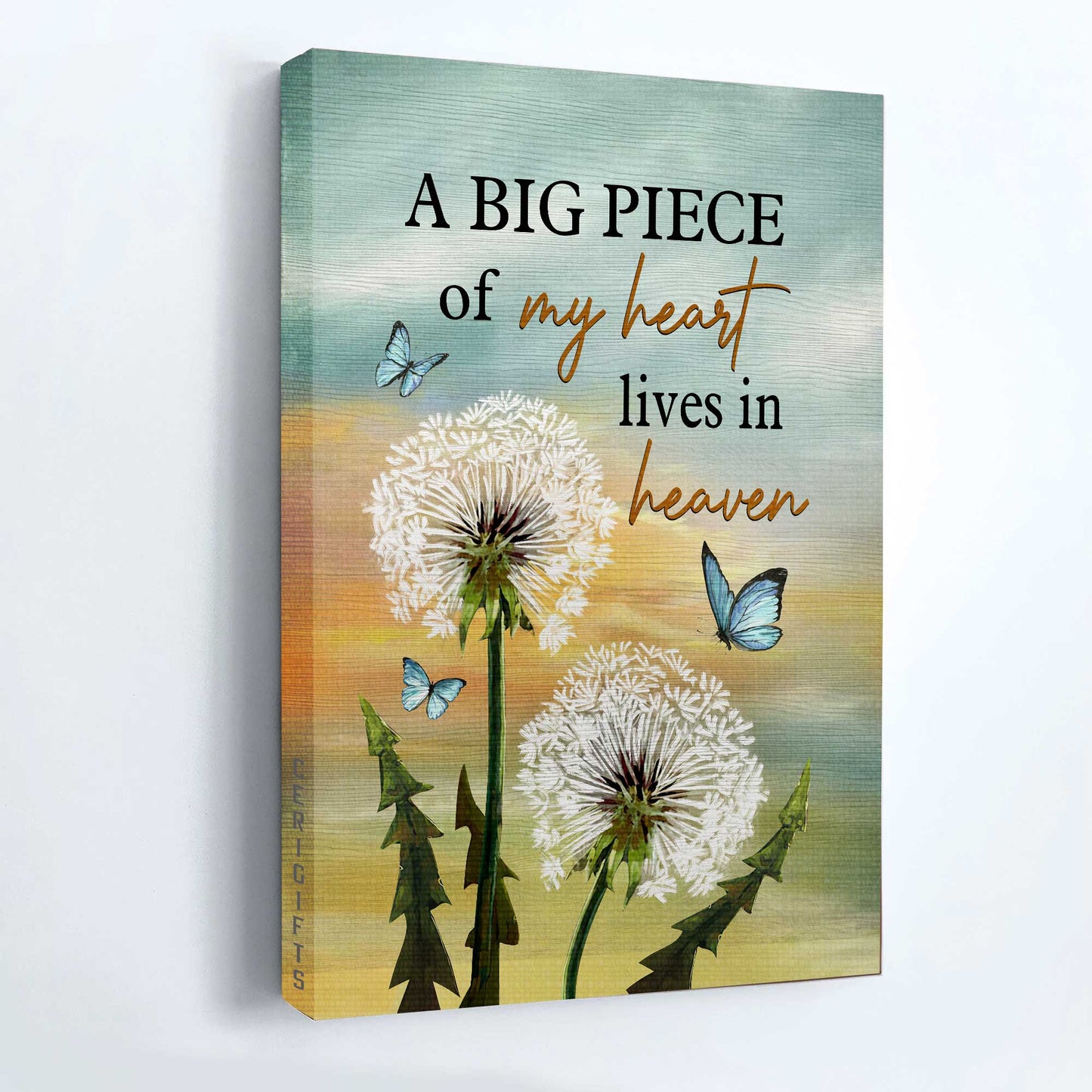 Heaven Portrait Canvas - White Dandelion, Blue Butterfly, Memorial Canvas - Memorial Gift For Member Family - A Big Peace Of My Heart Lives In Heaven