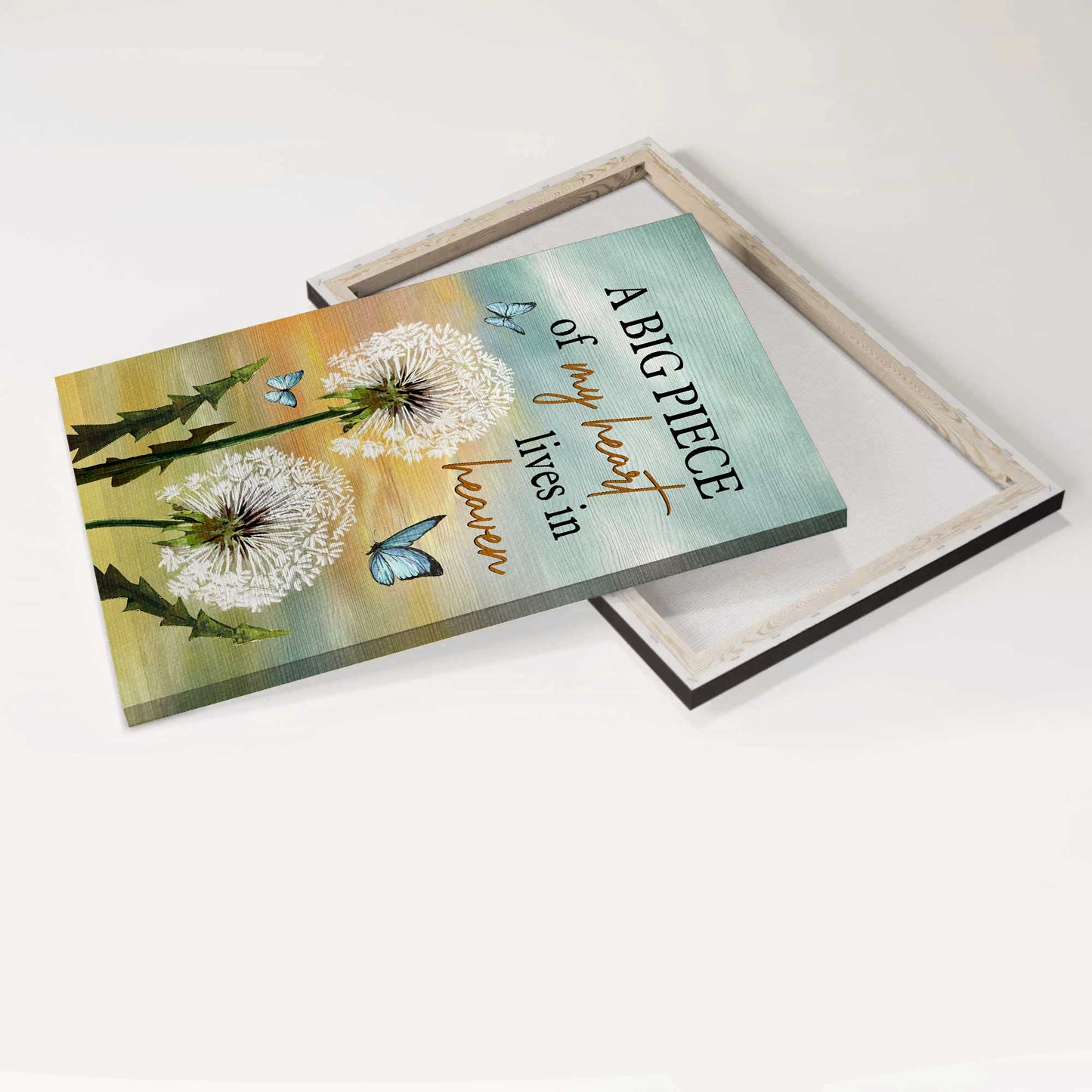 Heaven Portrait Canvas - White Dandelion, Blue Butterfly, Memorial Canvas - Memorial Gift For Member Family - A Big Peace Of My Heart Lives In Heaven