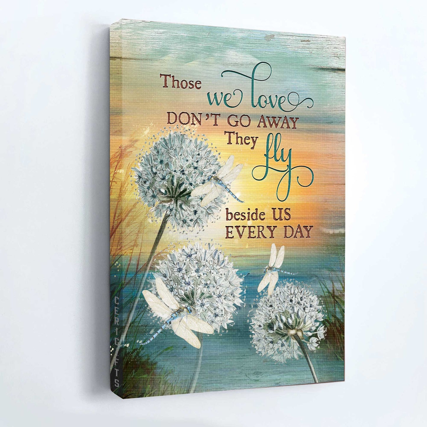 Heaven Portrait Canvas - White Dandelion Painting, Dragonfly Drawing, Memorial Canvas - Memorial Gift For Member Family - Those We Love Don't Go Away