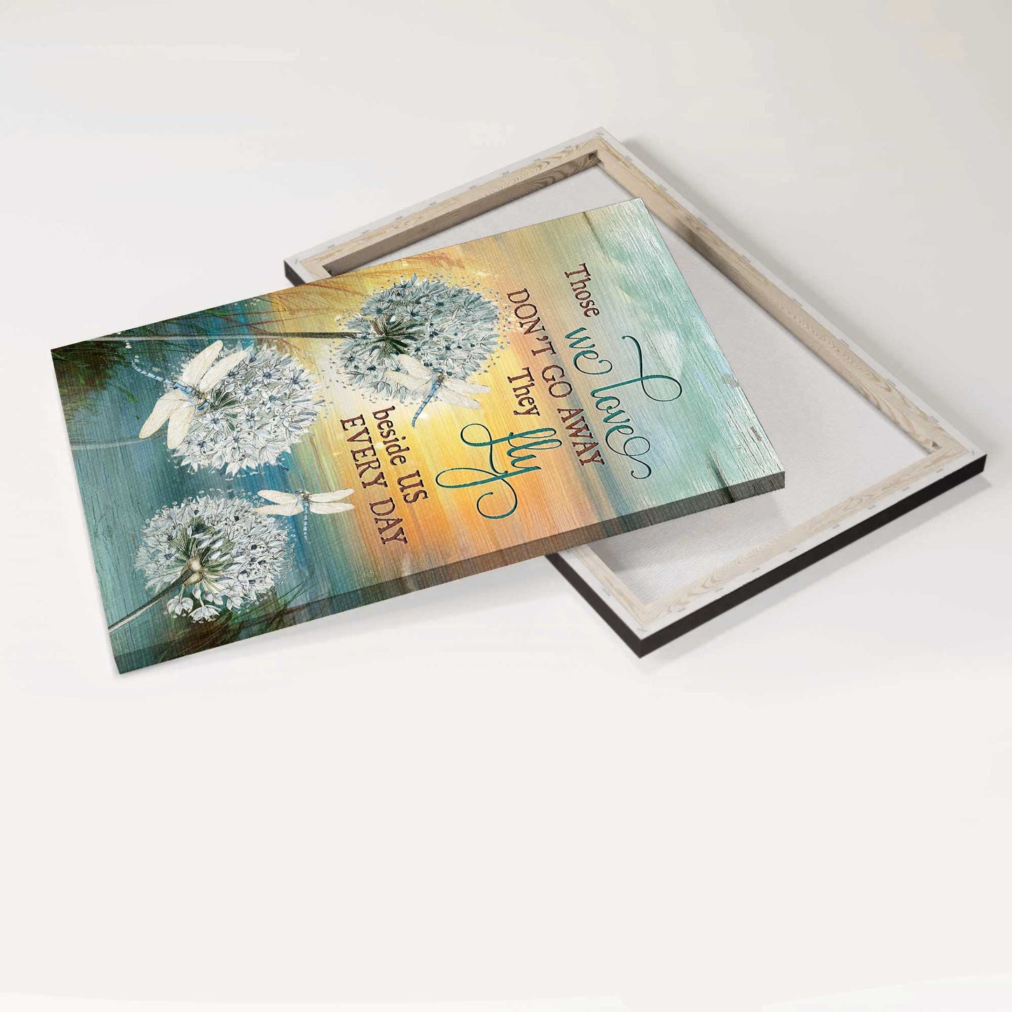Heaven Portrait Canvas - White Dandelion Painting, Dragonfly Drawing, Memorial Canvas - Memorial Gift For Member Family - Those We Love Don't Go Away