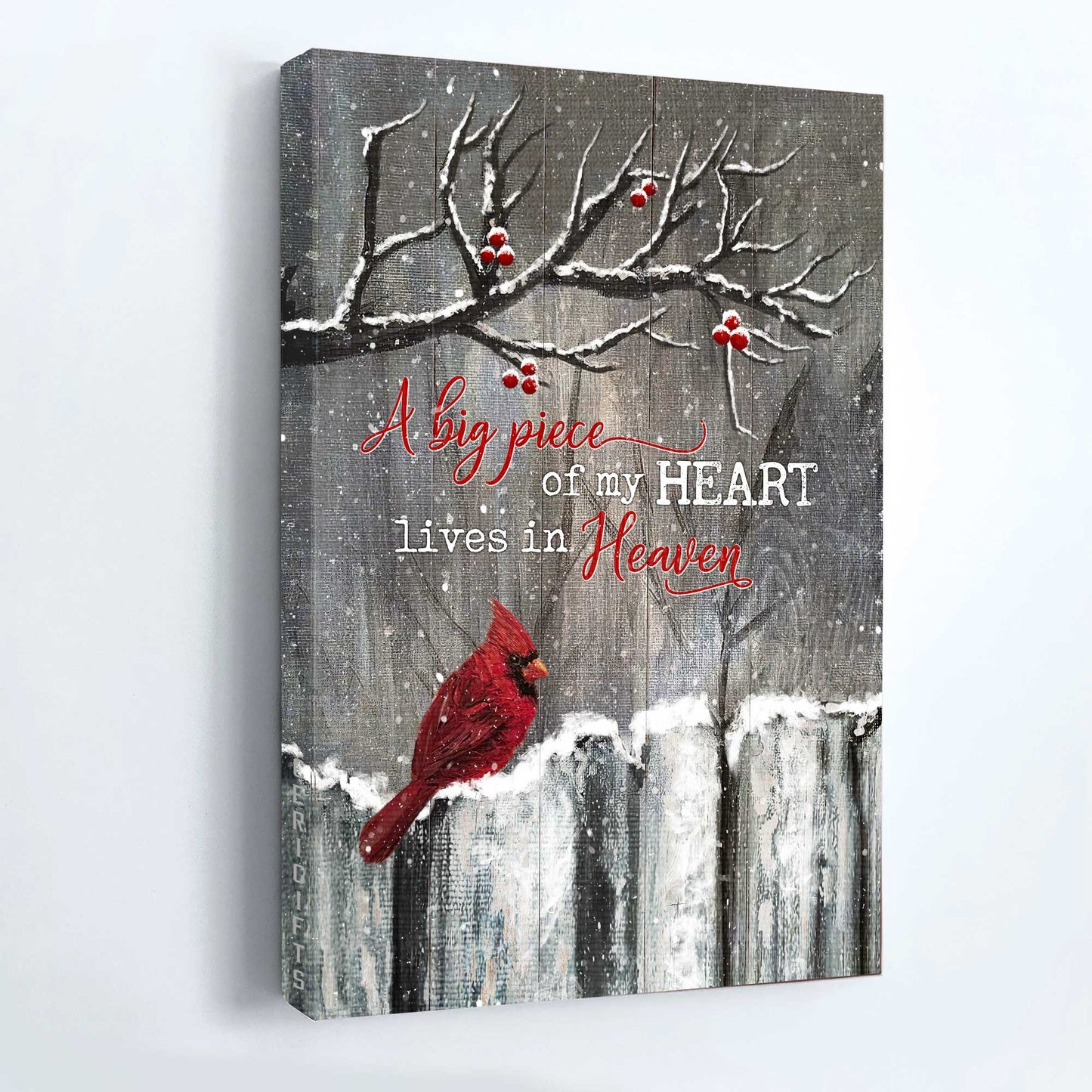 Heaven Portrait Canvas - Winter Garden, Cardinal Painting Memorial Canvas - Memorial Gift For Member Family - A Big Piece Of My Heart Lives In Heaven