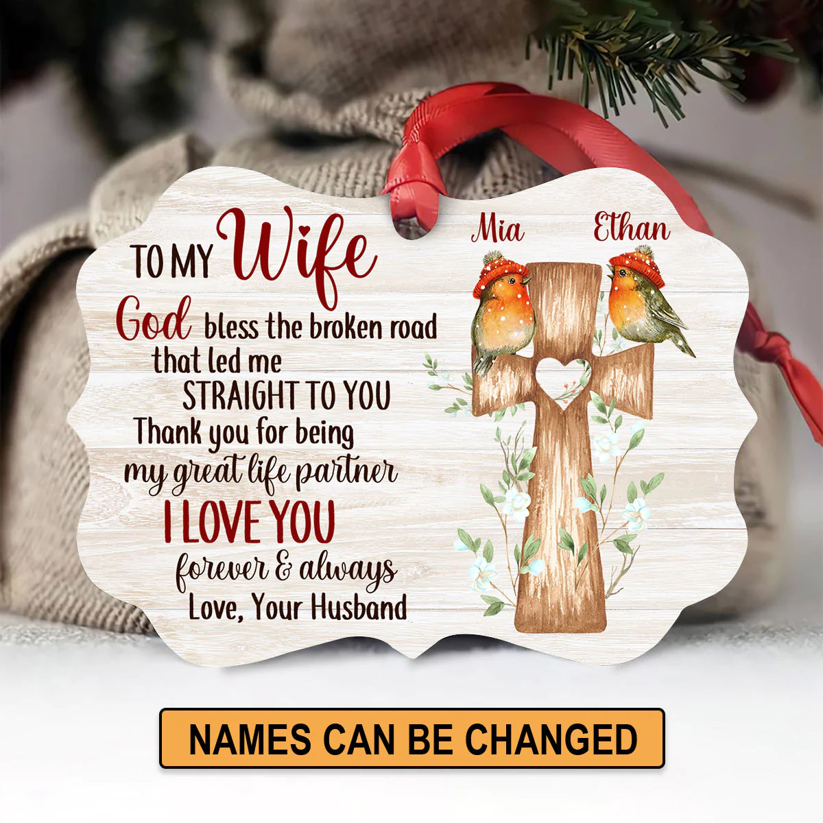 Personalized Gift For Wife Aluminum Ornament - Cross, Bird Couple Aluminium Ornament - Custom Gift For Wife, Christian Couple, Spouse, Lover - Thank You For Being My Great Life Partner