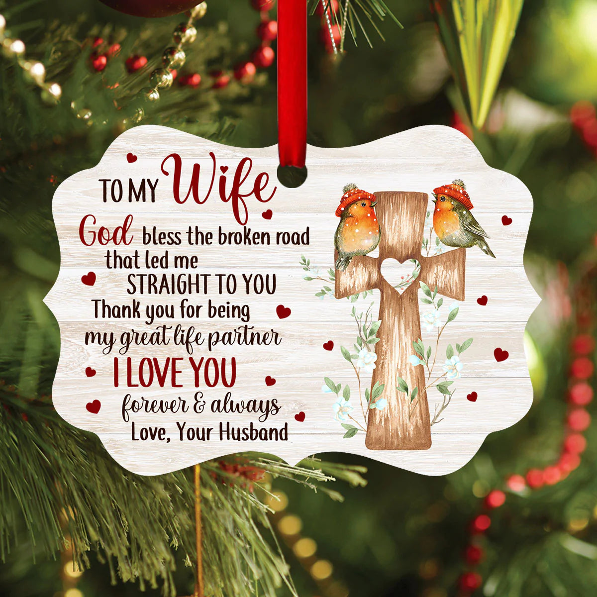 Personalized Gift For Wife Aluminum Ornament - Cross, Bird Couple Aluminium Ornament - Custom Gift For Wife, Christian Couple, Spouse, Lover - Thank You For Being My Great Life Partner