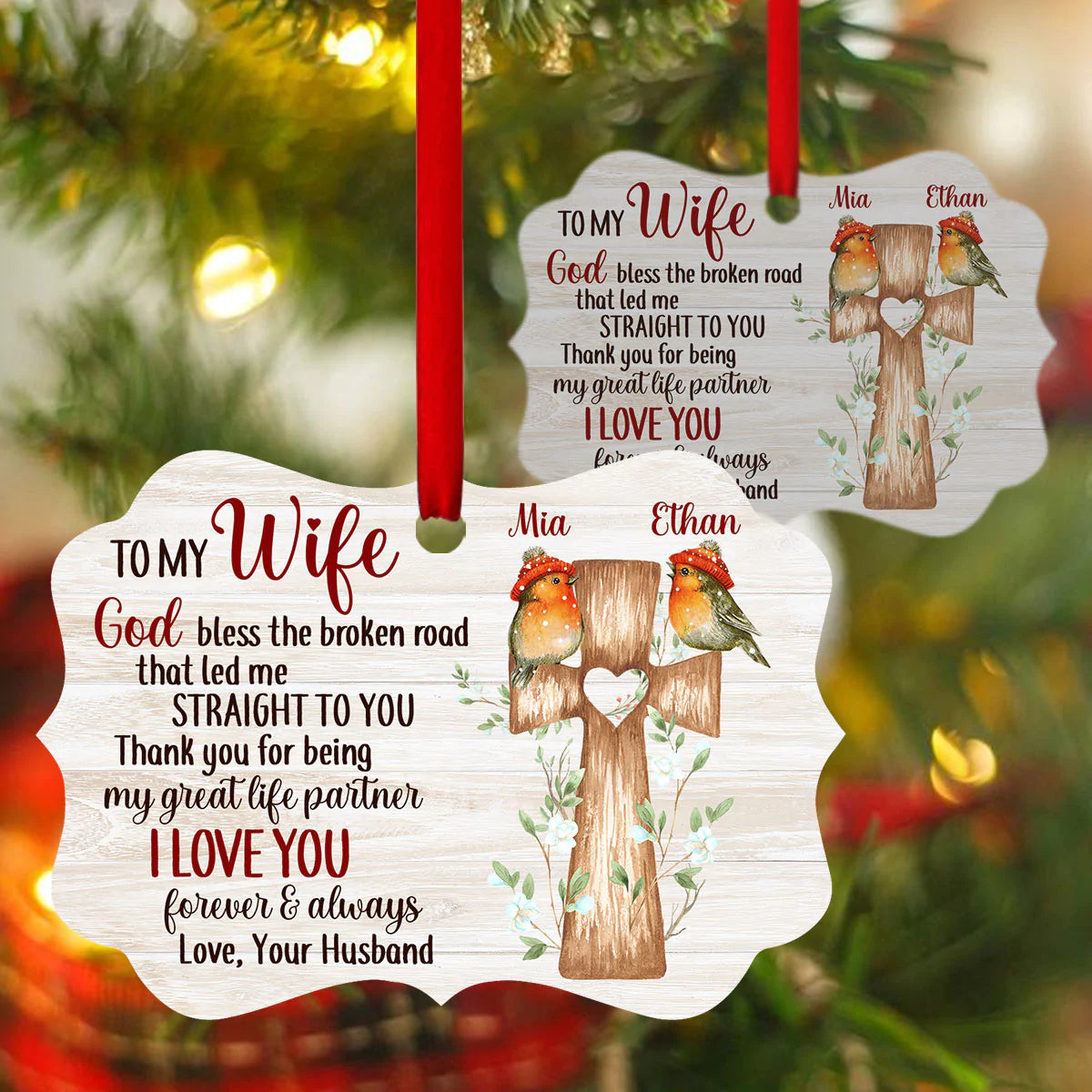 Personalized Gift For Wife Aluminum Ornament - Cross, Bird Couple Aluminium Ornament - Custom Gift For Wife, Christian Couple, Spouse, Lover - Thank You For Being My Great Life Partner