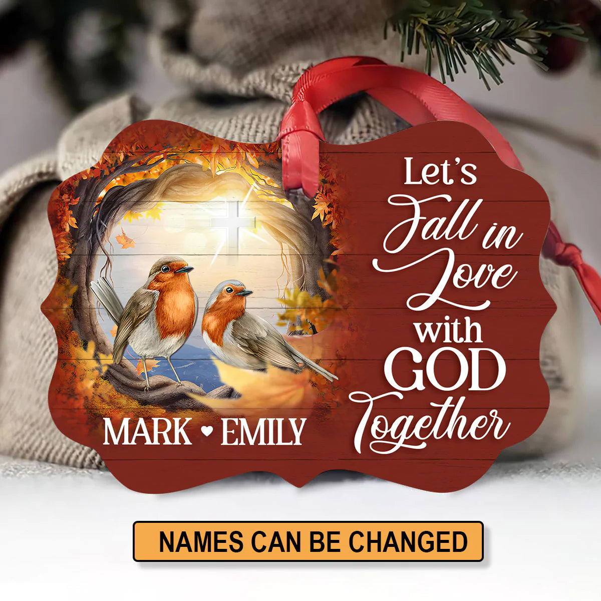 Couple Aluminum Ornament - Personalized Cross, Bird Couple Aluminium Ornament - Custom Christmas Gift For Christian Couple, Spouse, Lover - Let's Fall In Love With God Together