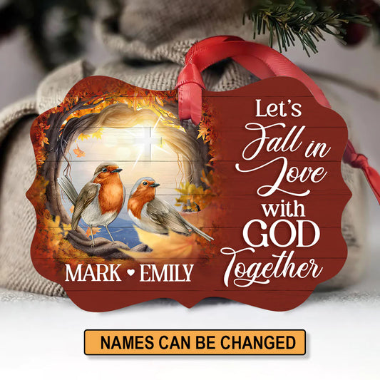 Couple Aluminum Ornament - Personalized Cross, Bird Couple Aluminium Ornament - Custom Christmas Gift For Christian Couple, Spouse, Lover - Let's Fall In Love With God Together