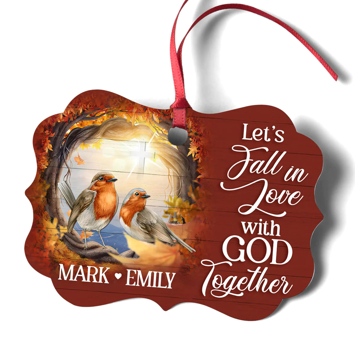 Couple Aluminum Ornament - Personalized Cross, Bird Couple Aluminium Ornament - Custom Christmas Gift For Christian Couple, Spouse, Lover - Let's Fall In Love With God Together