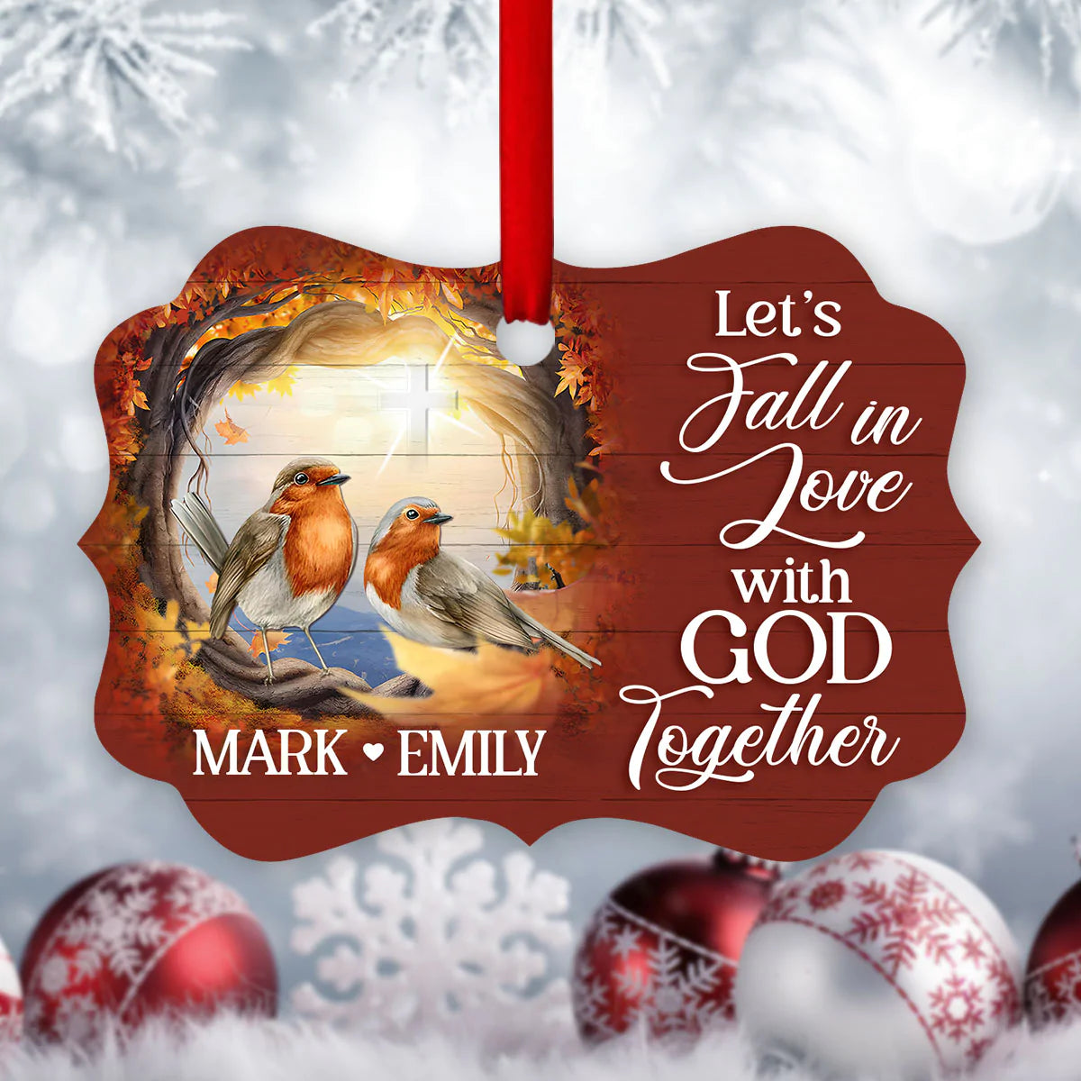 Couple Aluminum Ornament - Personalized Cross, Bird Couple Aluminium Ornament - Custom Christmas Gift For Christian Couple, Spouse, Lover - Let's Fall In Love With God Together