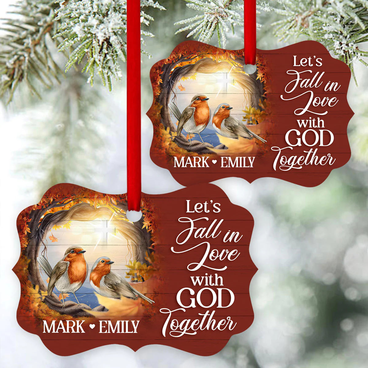 Couple Aluminum Ornament - Personalized Cross, Bird Couple Aluminium Ornament - Custom Christmas Gift For Christian Couple, Spouse, Lover - Let's Fall In Love With God Together