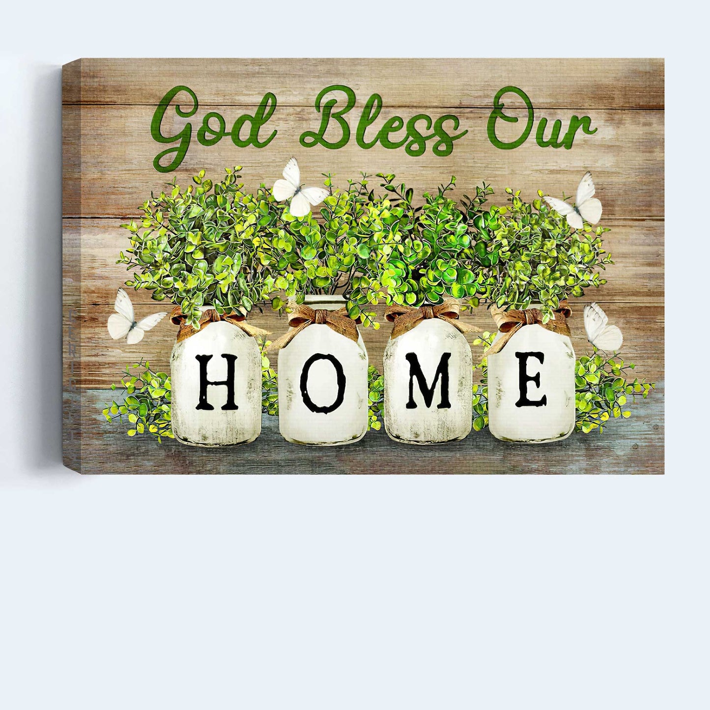 Jesus Landscape Canvas - Baby Rubber Plant Vase, White Butterfly, God bless our home - Gift For Christian