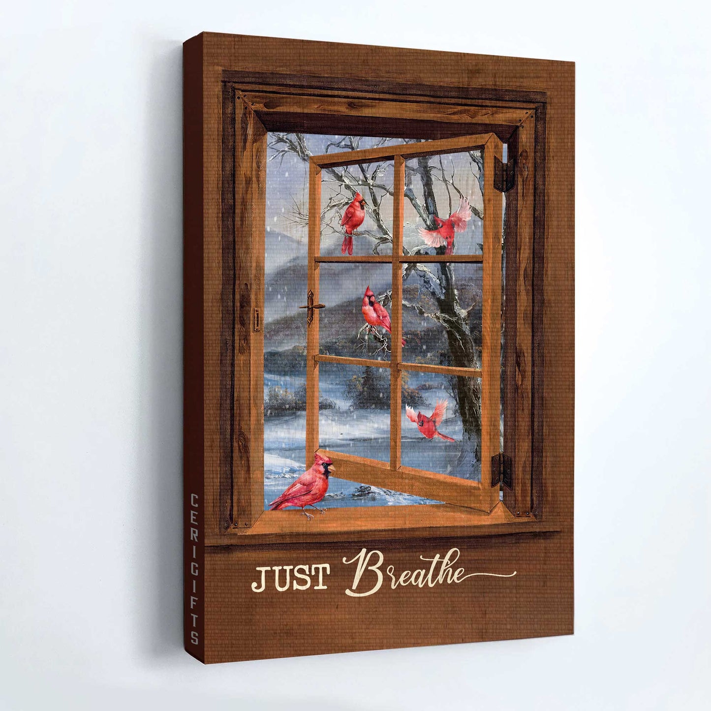 Memorial Portrait Canvas- Blue night, Red cardinal drawing, Wooden window, White snow, Just breathe - Gift for members family- Heaven Portrait Canvas Prints, Wall Art