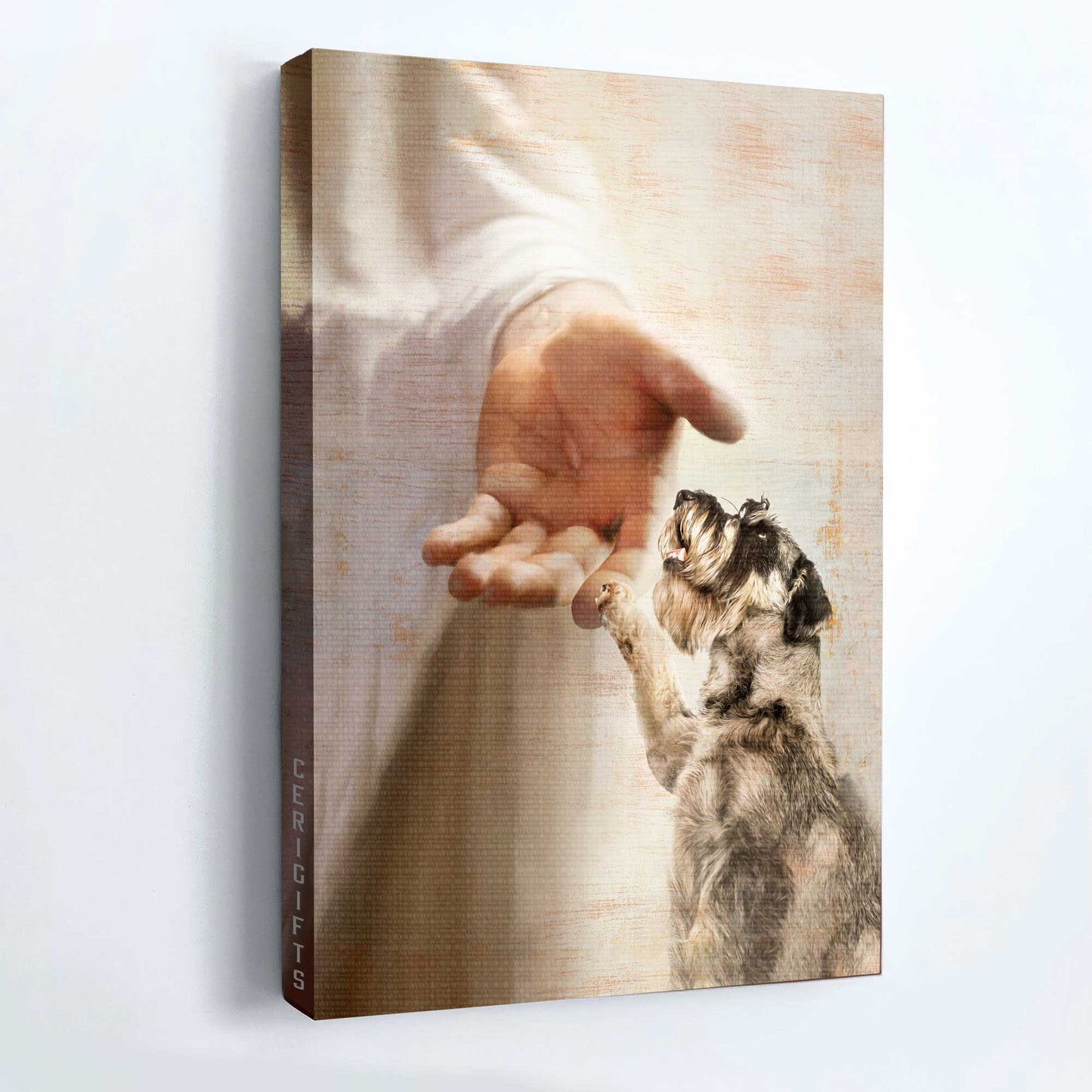 Schnauzer Portrait Canvas- Schnauzer painting, Jesus hand, Take my hand- Gift for dog lover - Dog Portrait Canvas Prints, Wall Art