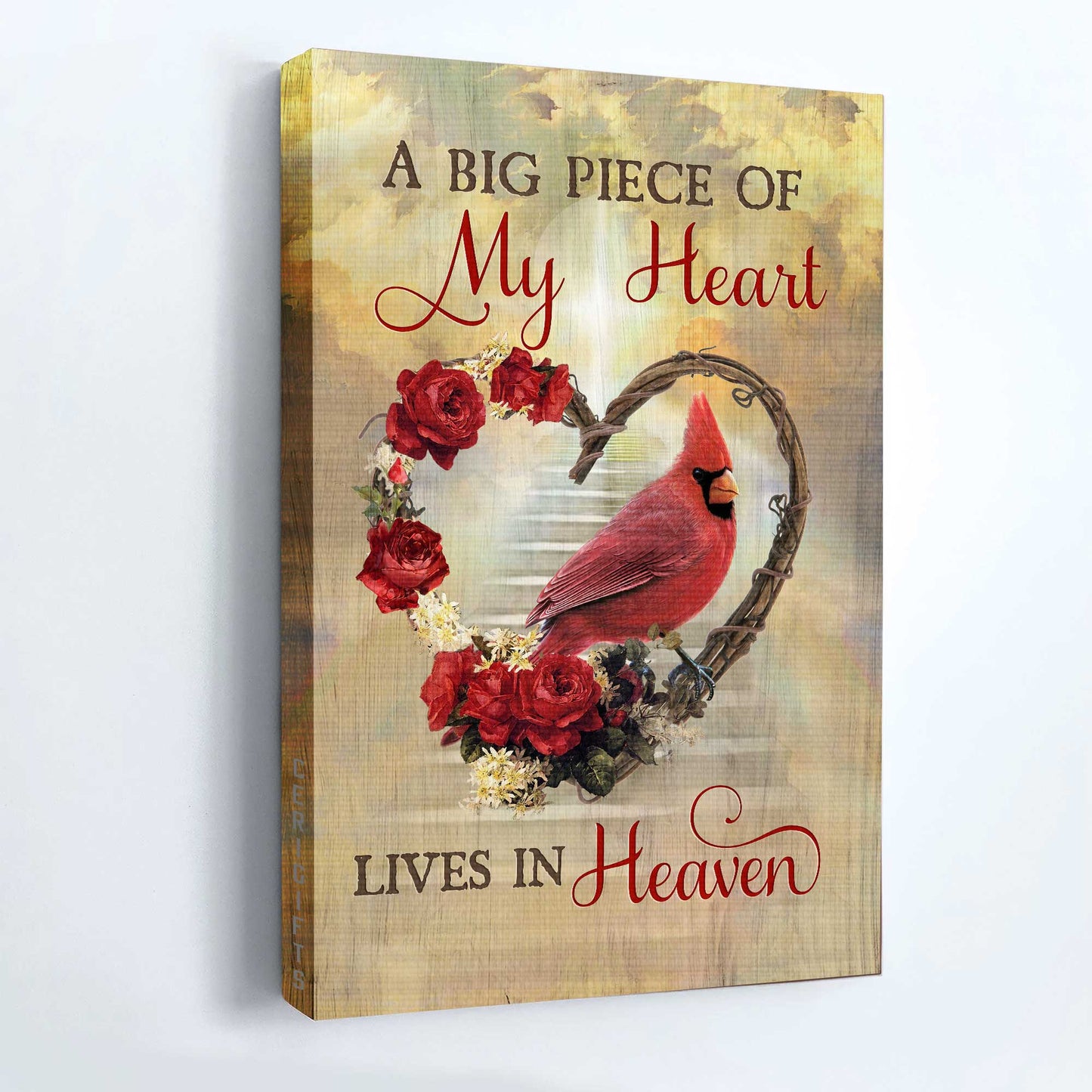 Memorial Portrait Canvas- Flower wreath, Red rose, Cardinal drawing canvas- Gift for members family- A big piece of my heart lives in heaven - Heaven Portrait Canvas Prints, Wall Art