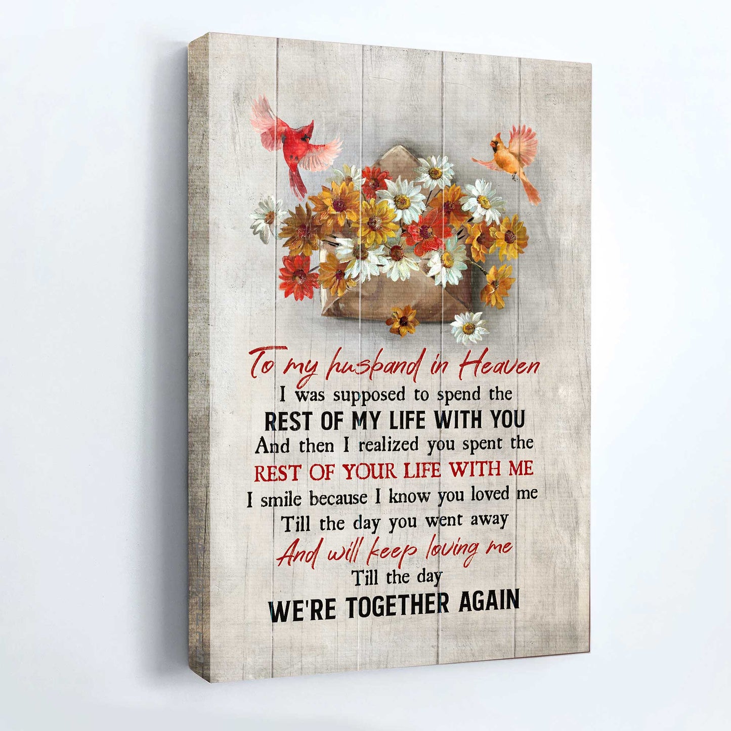 To My Husband In Heaven Portrait Canvas - Heaven Portrait Canvas - Colorful Daisy Painting, Watercolor Cardinal Portrait Canvas - Memorial Gift For Family Members