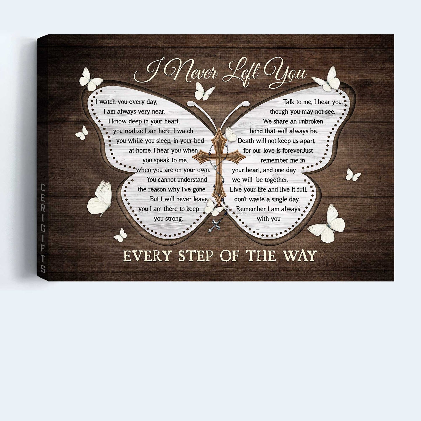 Memorial Landscape Canvas- White butterfly, Wooden background, The holy cross canvas- Gift for members family- I never left you