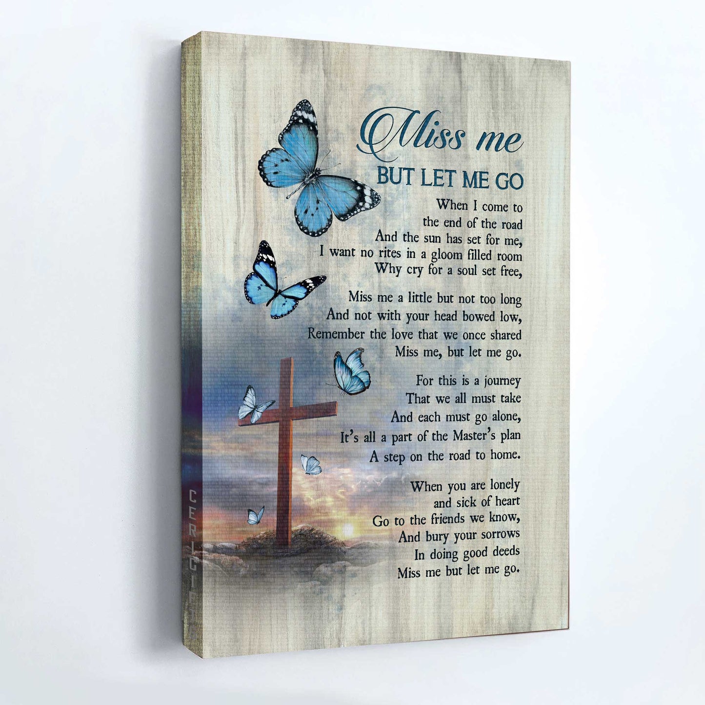 Memorial Portrait Canvas- Pretty Blue butterfly, Cross symbol- Gift for family- Miss me but let me go - Heaven Portrait Canvas Prints, Wall Art