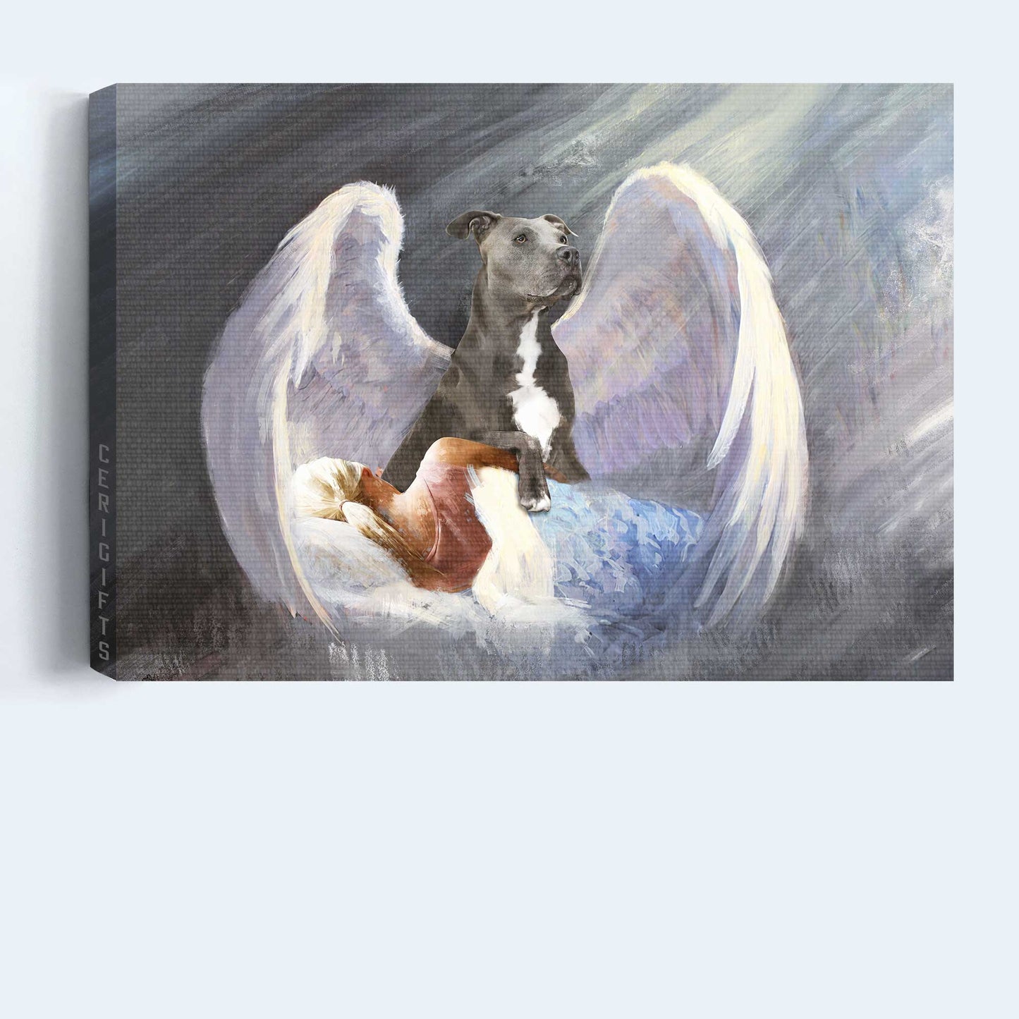 Pit bull Landscape Canvas- Sleeping girl, Pit bull, Beautiful Wings, I'll protect you- Gift for Pit bull lover - Landscape Canvas Prints, Wall Art